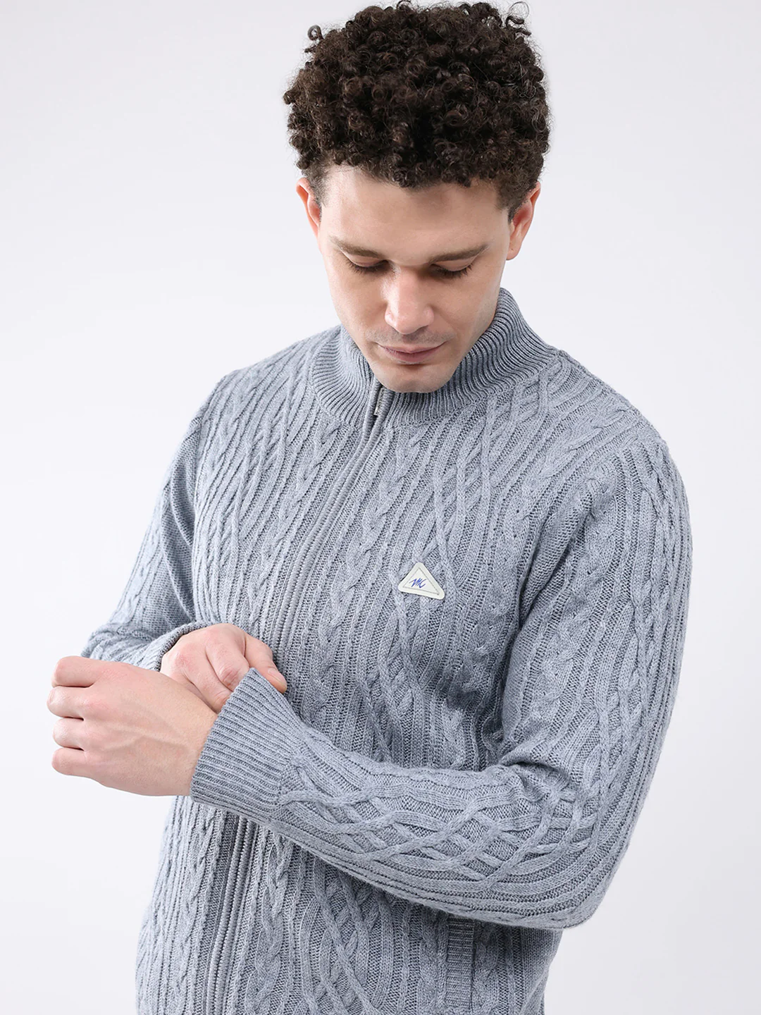 Men Grey Self Design Mock Neck Full Sleeve Jacket - Image 6