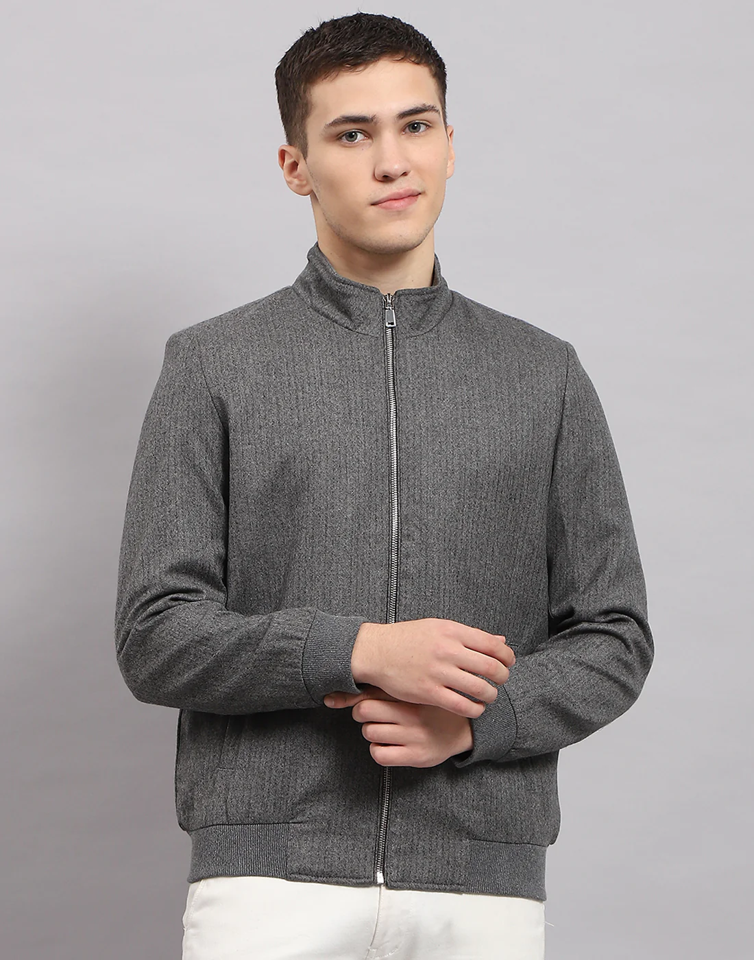 Men Grey Self Design Mock Neck Full Sleeve Jacket - Image 2