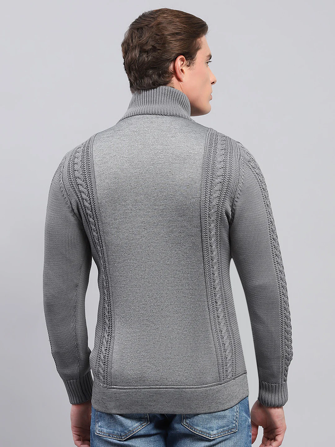 Men Grey Self Design Mock Neck Full Sleeve Pullover - Image 5