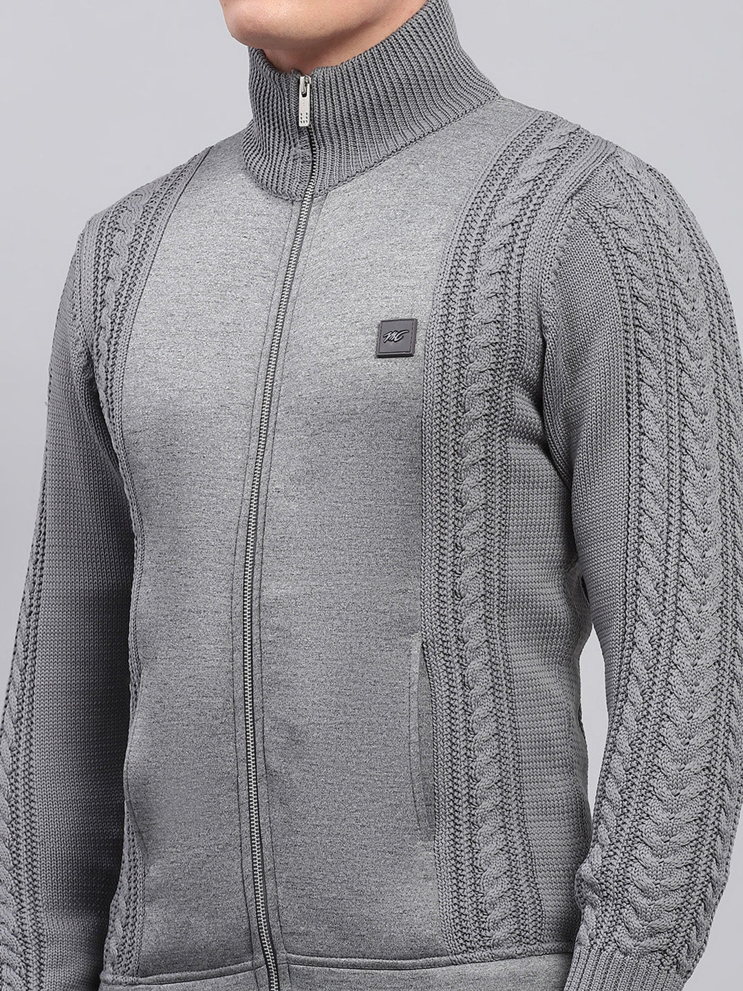 Men Grey Self Design Mock Neck Full Sleeve Pullover - Image 6
