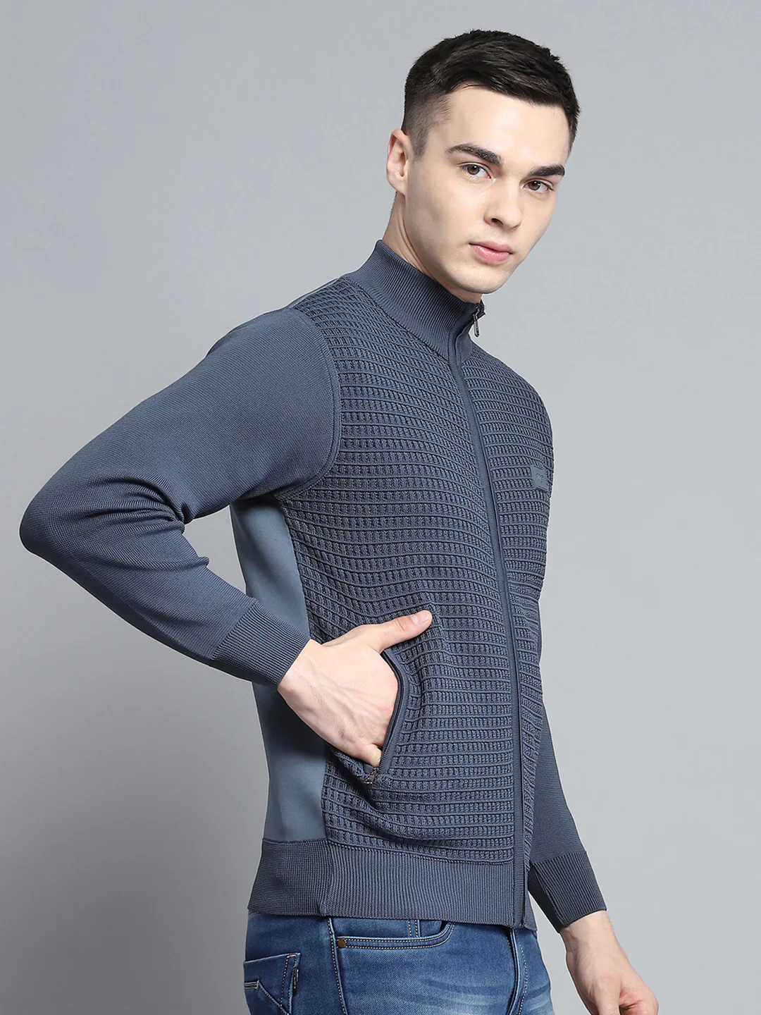 Men Grey Self Design Mock Neck Full Sleeve Pullover - Image 4