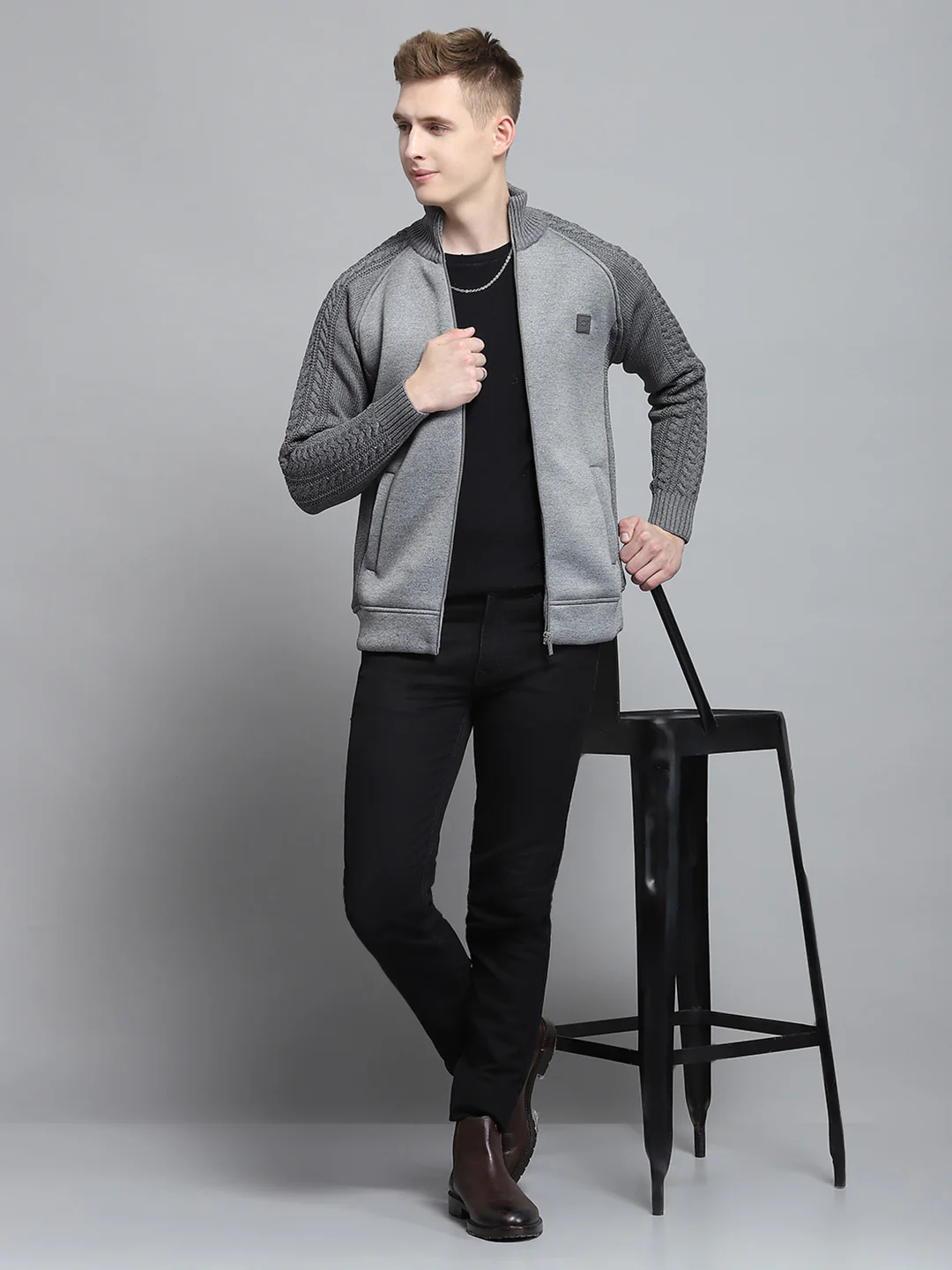 Men Grey Self Design Mock Neck Full Sleeve Pullover - Image 2