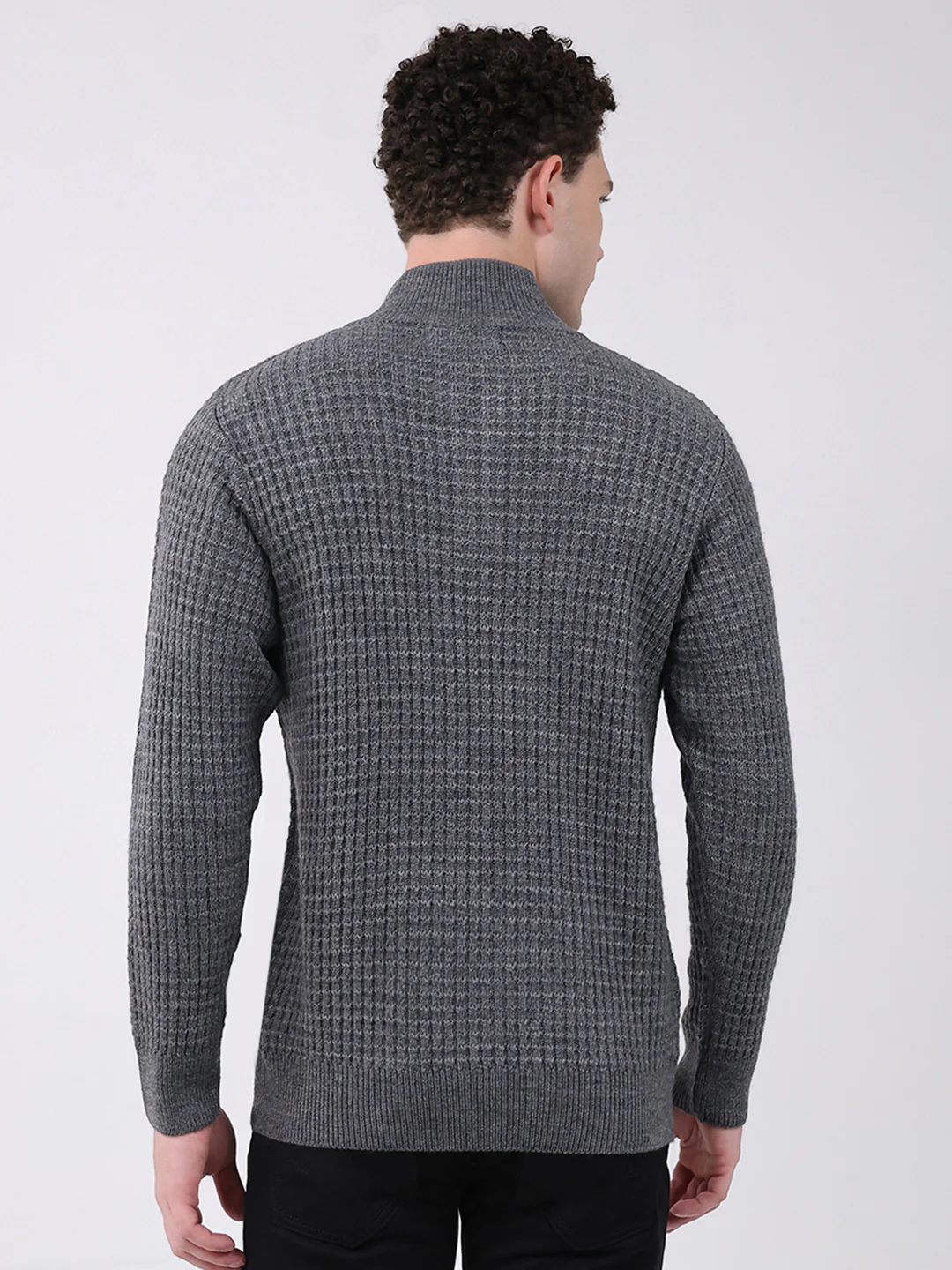 Men Grey Self Design Mock Neck Full Sleeve Pullover - Image 5