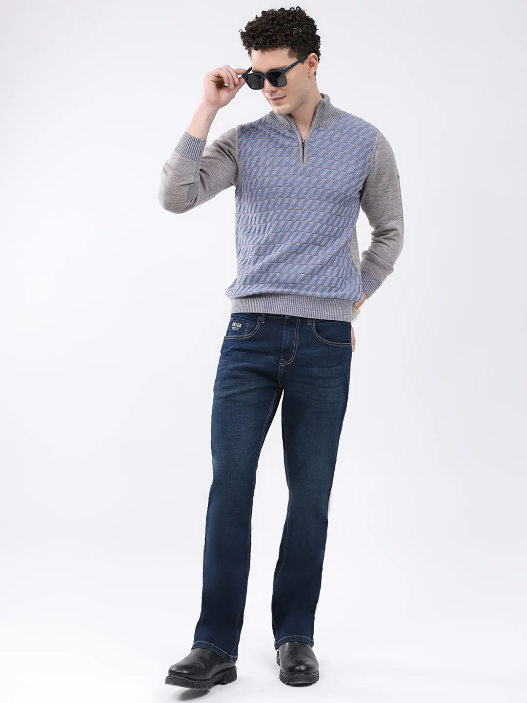 Men Grey Self Design Mock Neck Full Sleeve Pullover - Image 2