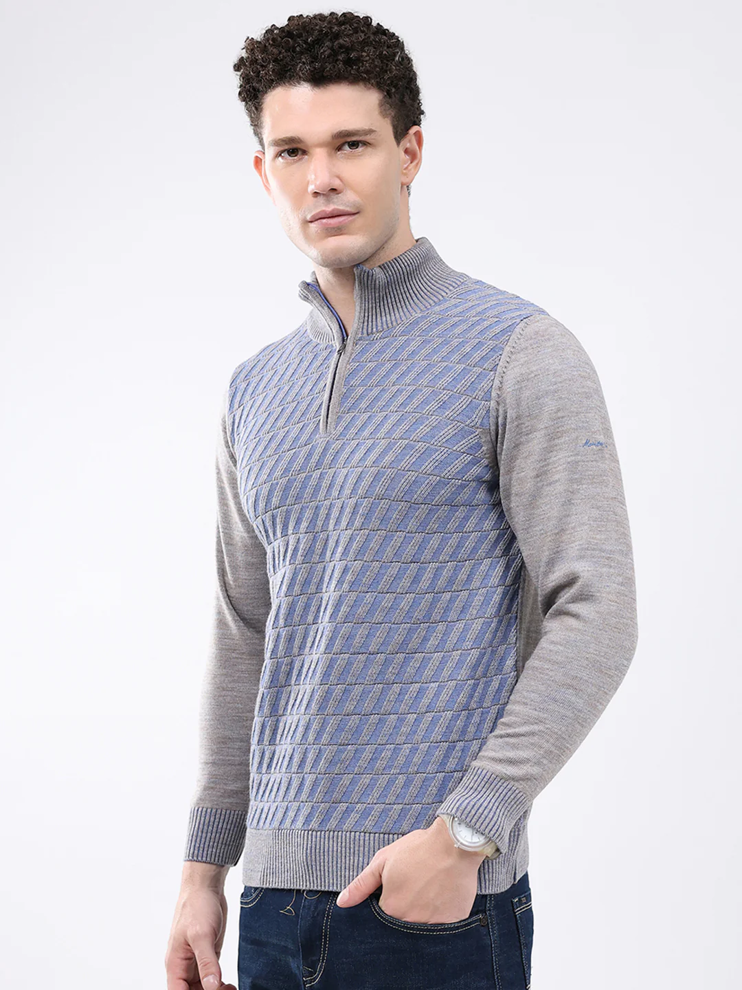 Men Grey Self Design Mock Neck Full Sleeve Pullover - Image 3