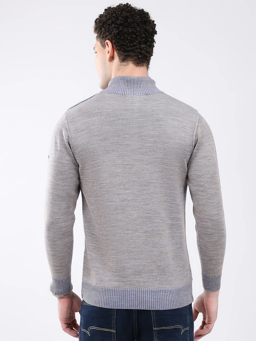 Men Grey Self Design Mock Neck Full Sleeve Pullover - Image 5