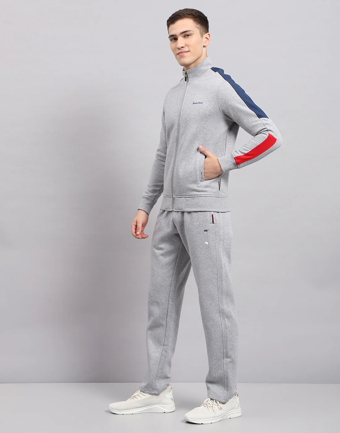 Men Grey Self Design Mock Neck Full Sleeve Winter Tracksuit - Image 3