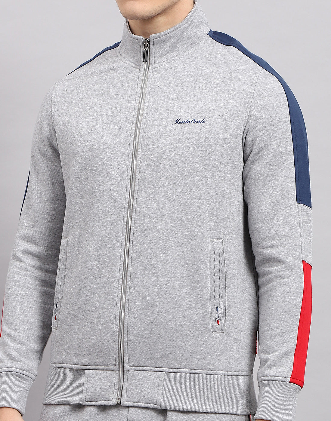 Men Grey Self Design Mock Neck Full Sleeve Winter Tracksuit - Image 7