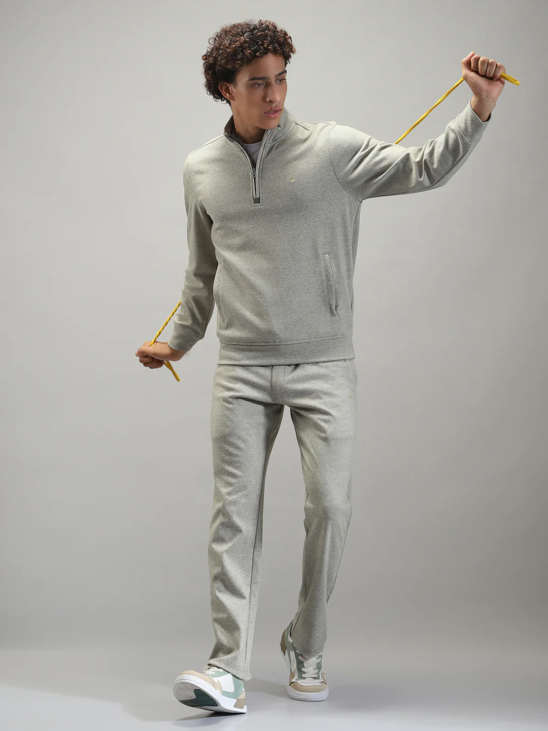 Men Grey Self Design Mock Neck Full Sleeve Winter Tracksuit - Image 2