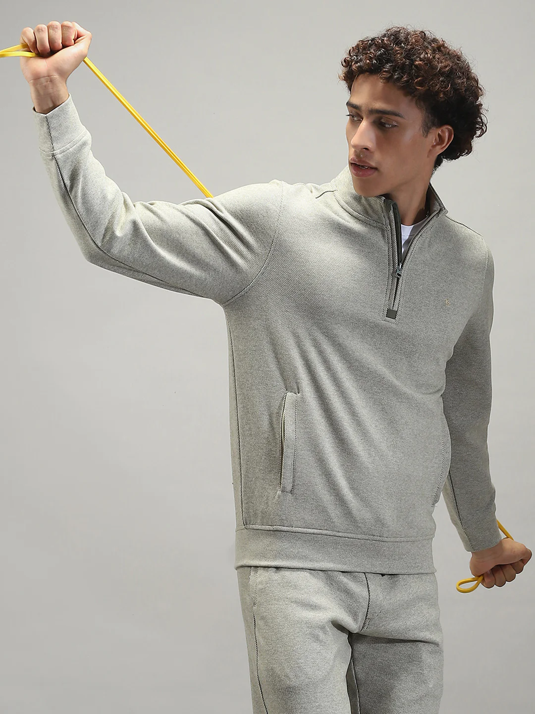 Men Grey Self Design Mock Neck Full Sleeve Winter Tracksuit - Image 6