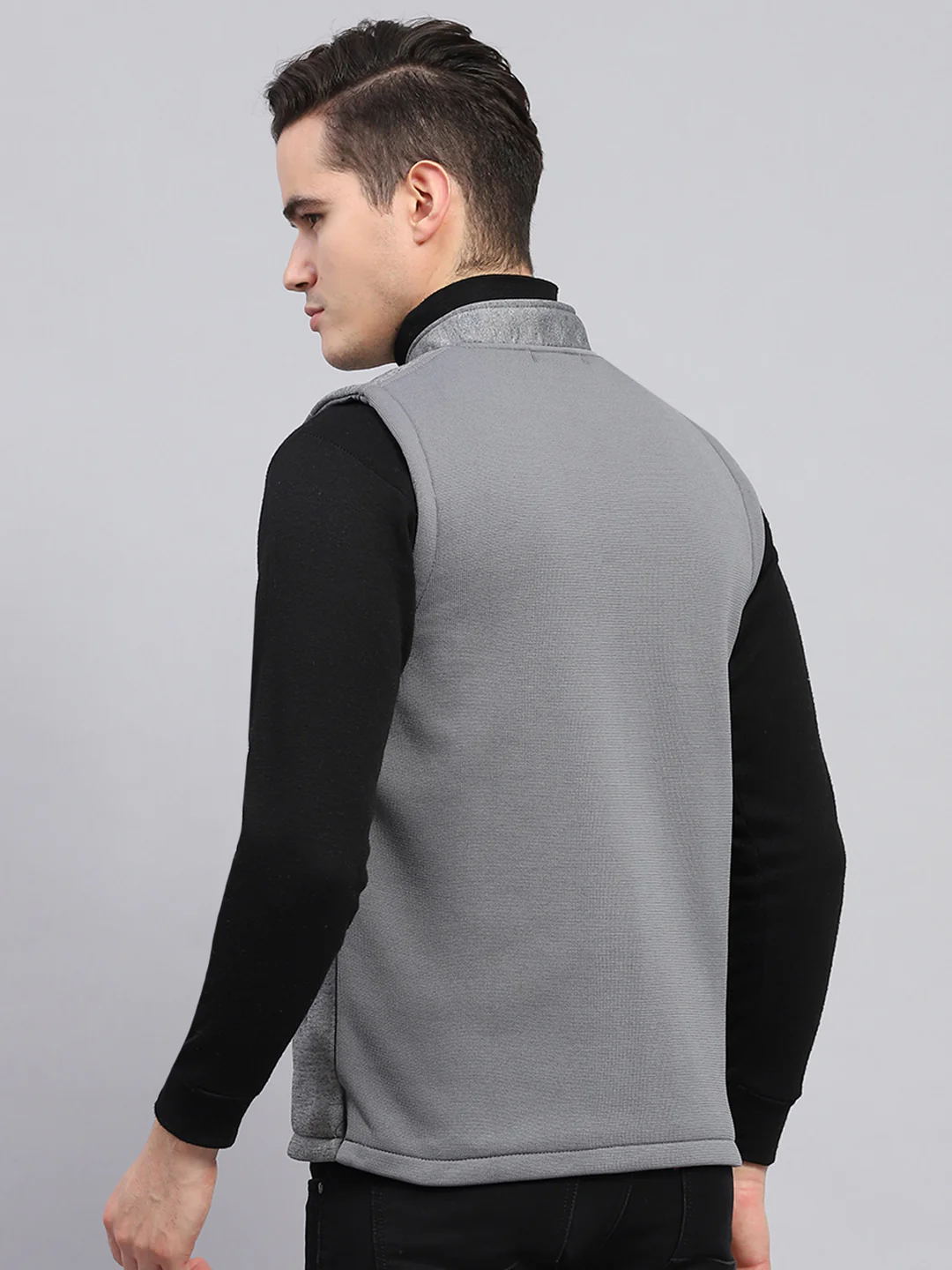 Men Grey Self Design Mock Neck Sleeveless Jacket - Image 5
