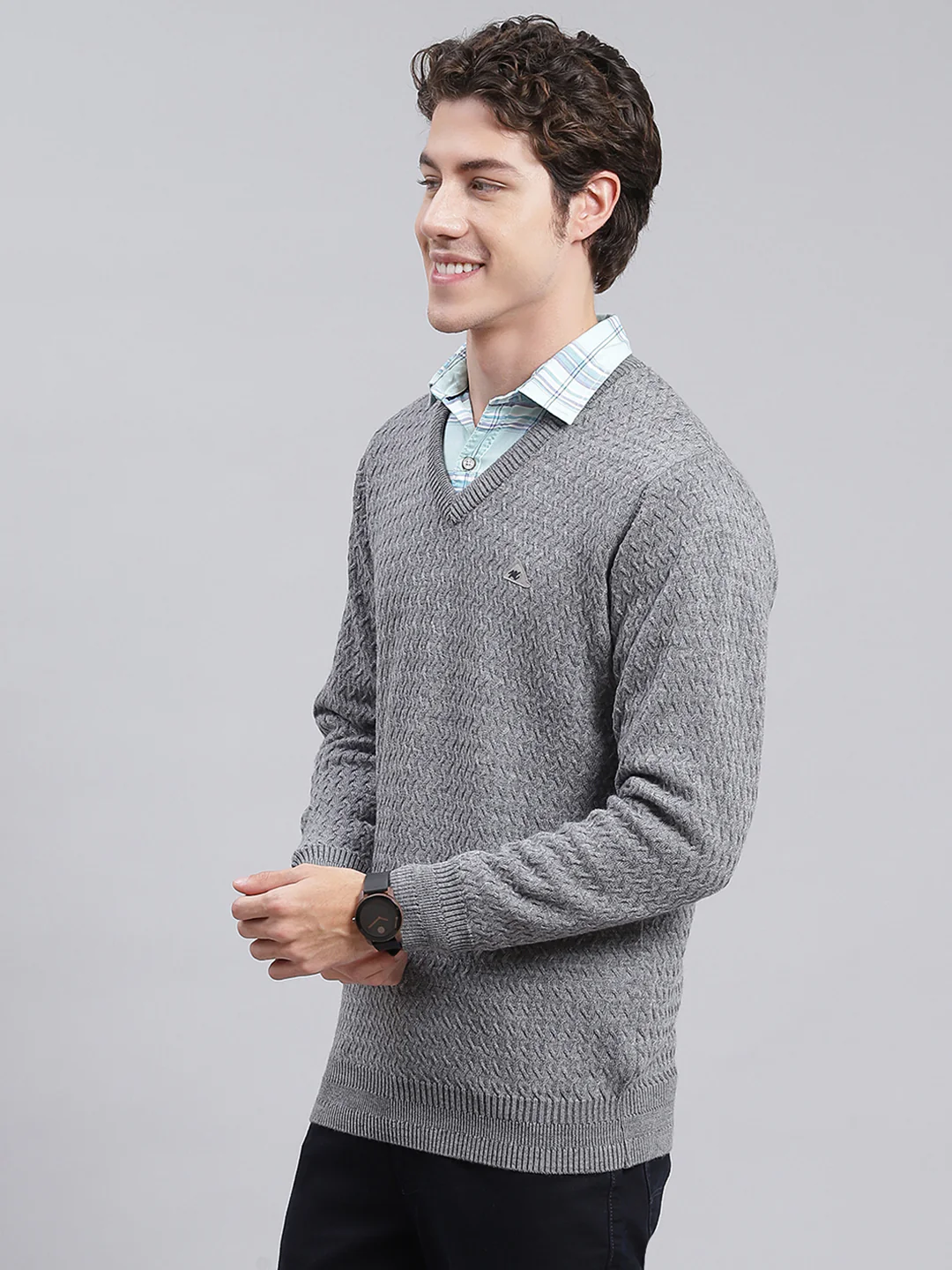 Men Grey Self Design Pure wool Pullover - Image 3