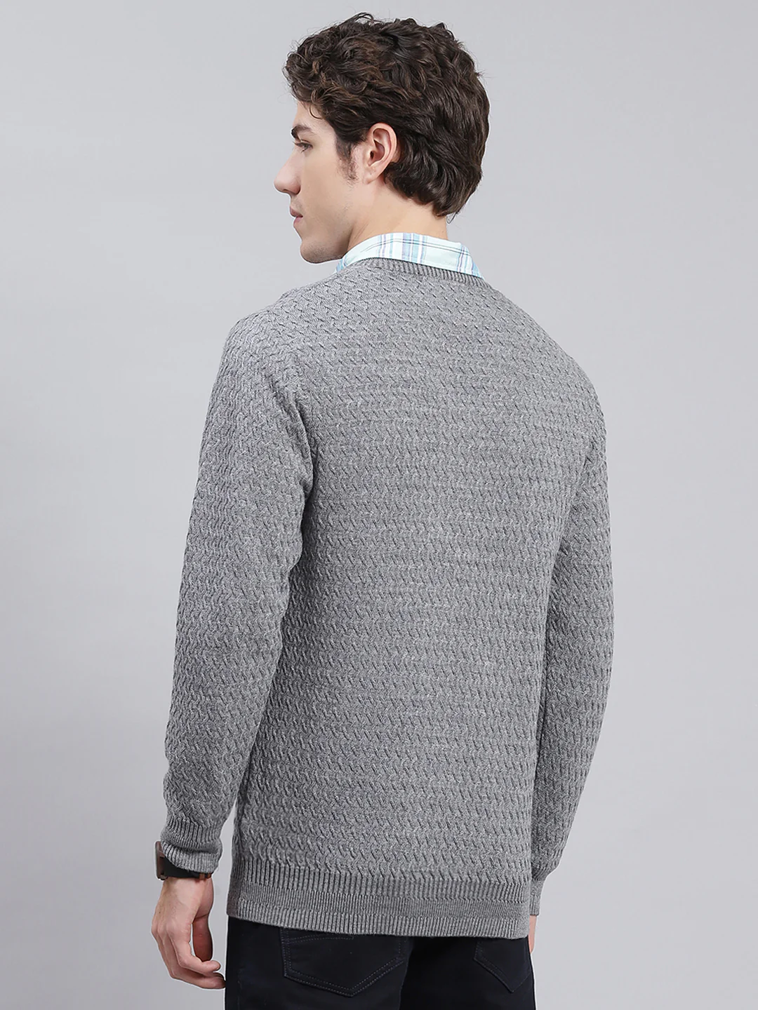 Men Grey Self Design Pure wool Pullover - Image 4