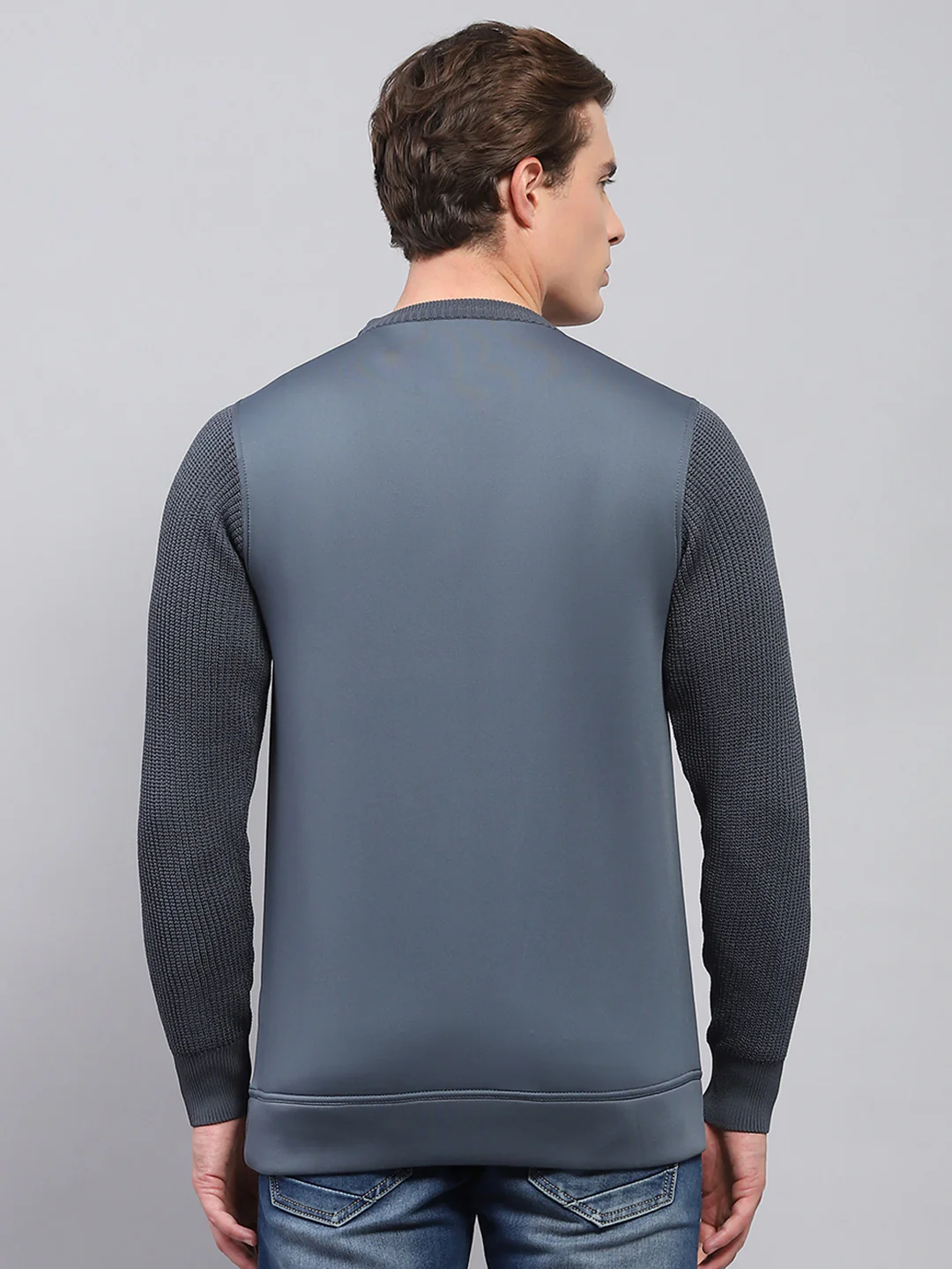 Men Grey Self Design Round Neck Full Sleeve Pullover - Image 5