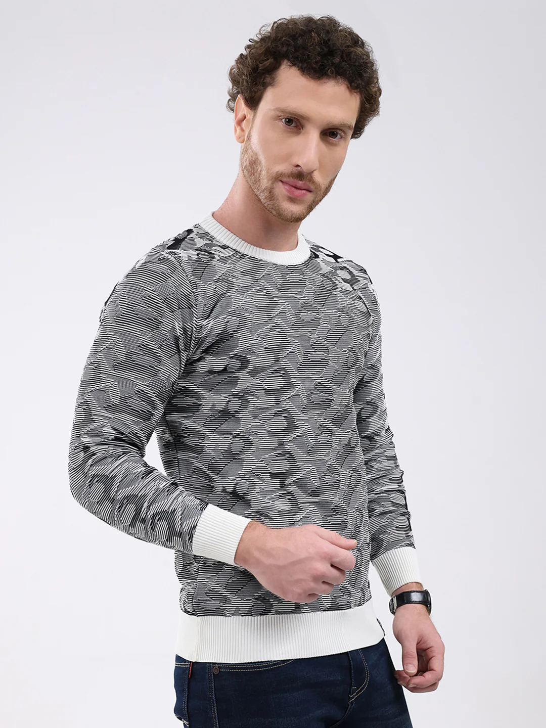Men Grey Self Design Round Neck Full Sleeve Pullover - Image 4
