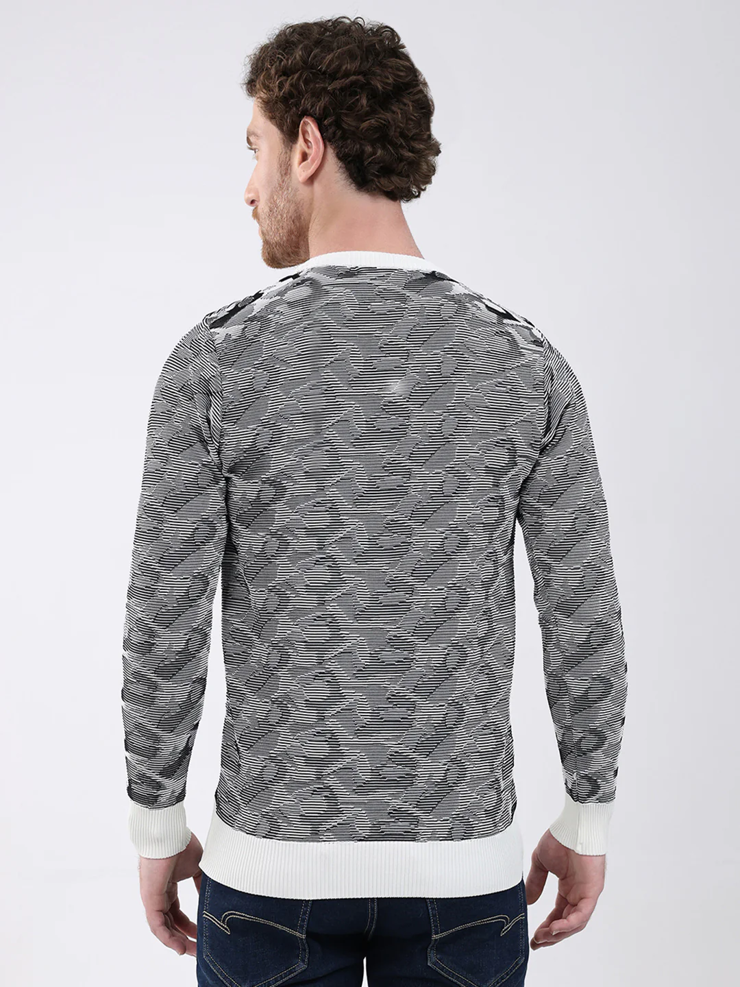 Men Grey Self Design Round Neck Full Sleeve Pullover - Image 5