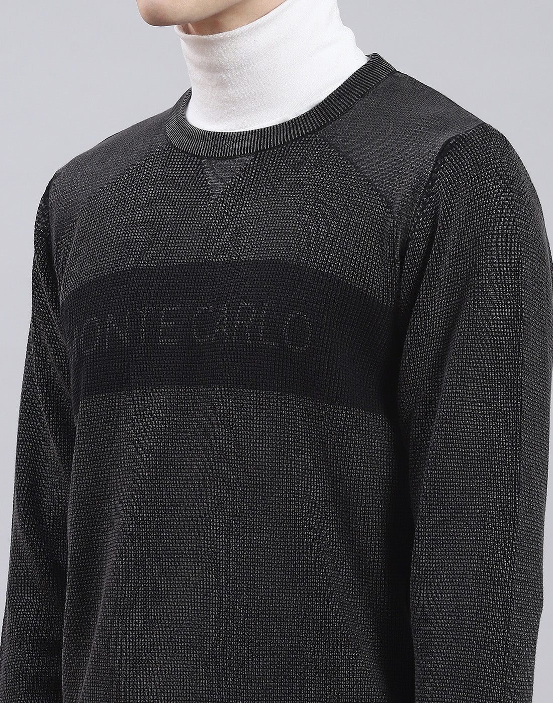 Men Grey Self Design Round Neck Full Sleeve Sweater - Image 7