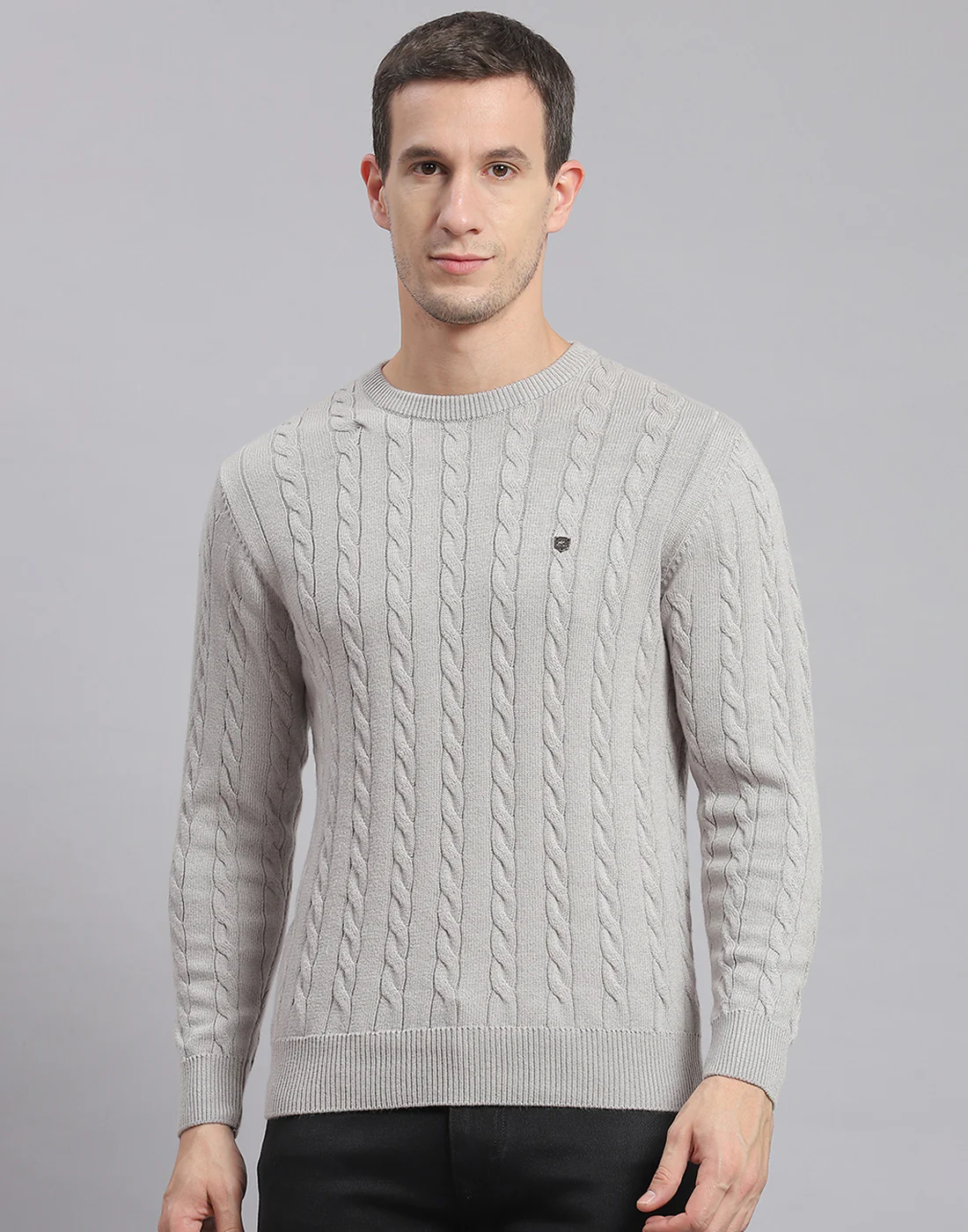 Men Grey Self Design Round Neck Full Sleeve Sweater - Image 2