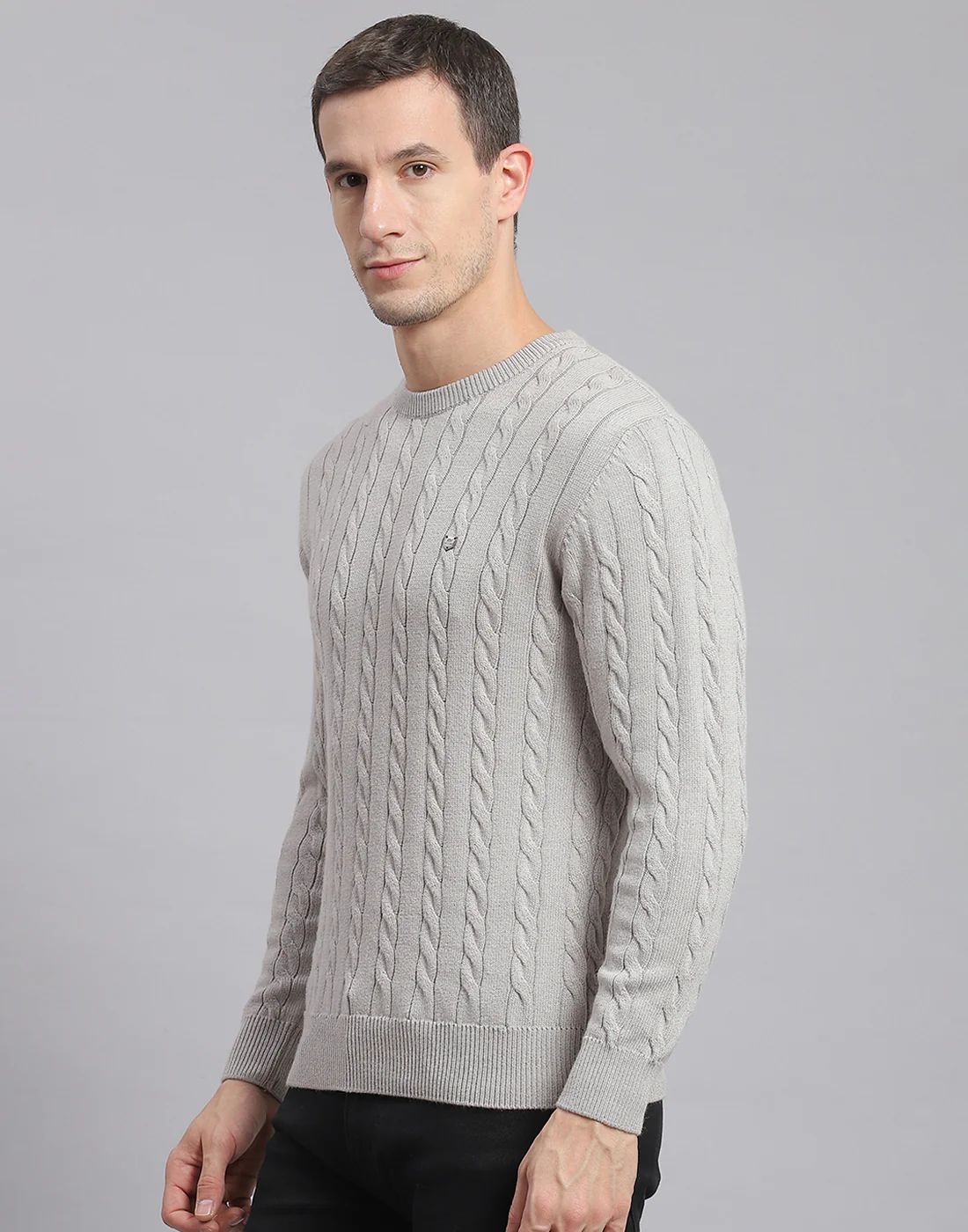 Men Grey Self Design Round Neck Full Sleeve Sweater - Image 3