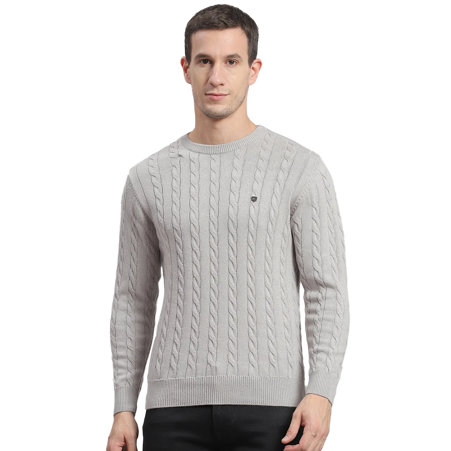 Men Grey Self Design Round Neck Full Sleeve Sweater - Image 5