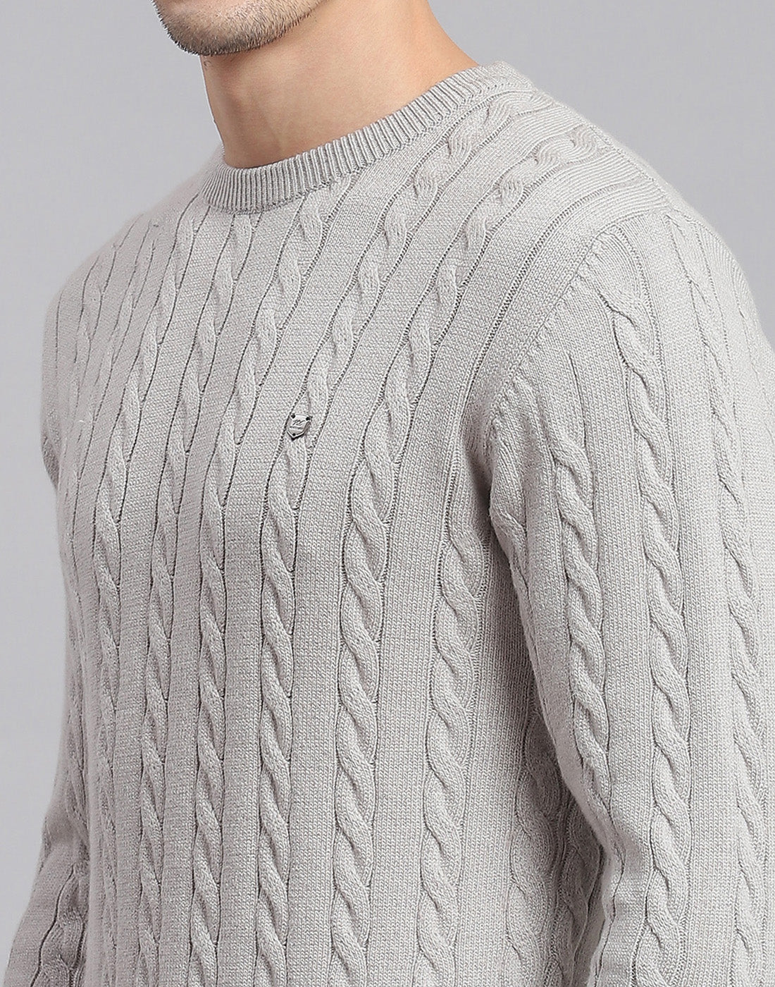 Men Grey Self Design Round Neck Full Sleeve Sweater - Image 7