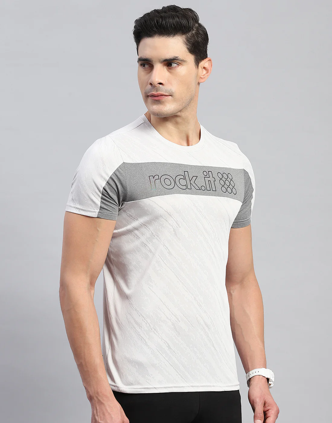 Rock.it Men Grey Self Design Round Neck Half Sleeve T-Shirt - Image 4