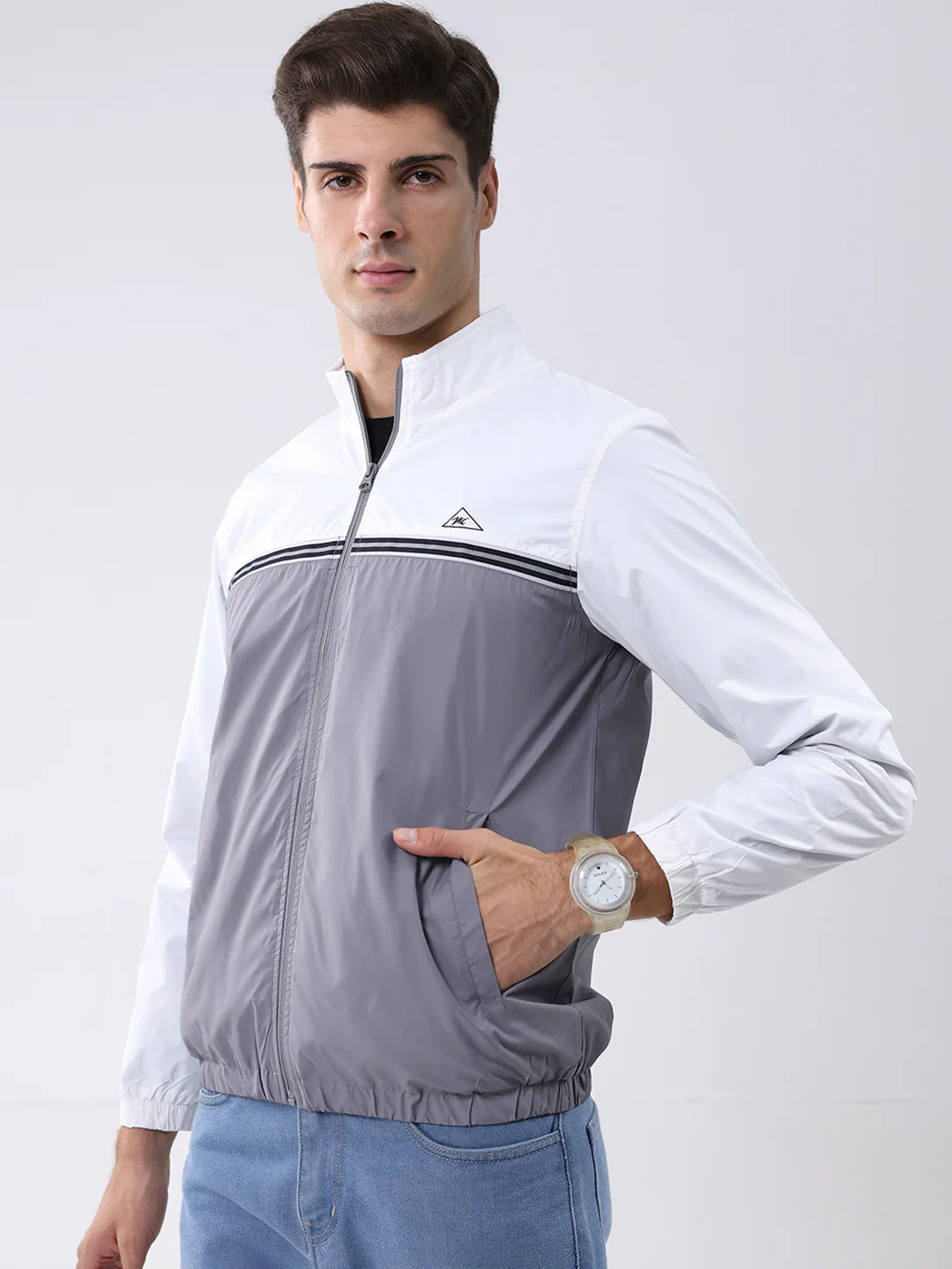 Men Grey Self Design Stand Collar Full Sleeve Jacket - Image 3