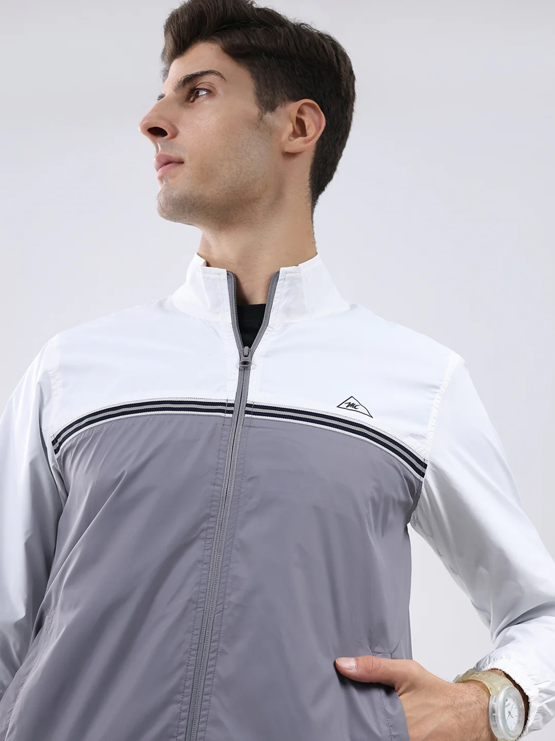 Men Grey Self Design Stand Collar Full Sleeve Jacket - Image 7