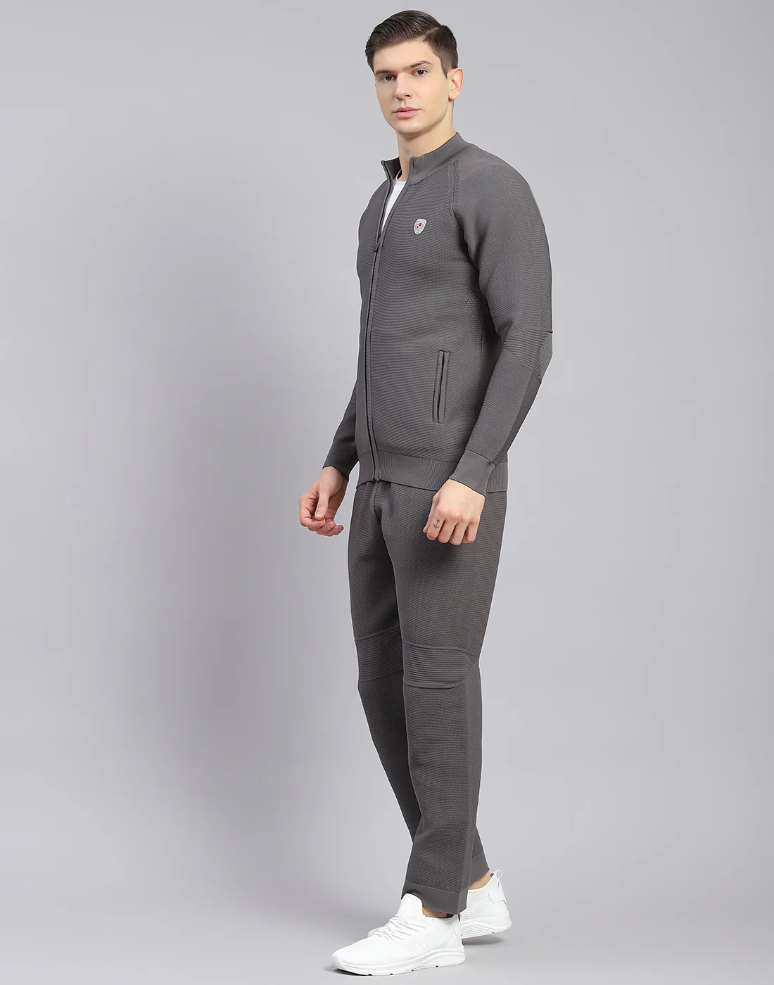 Men Grey Self Design Stand Collar Full Sleeve Tracksuit - Image 3