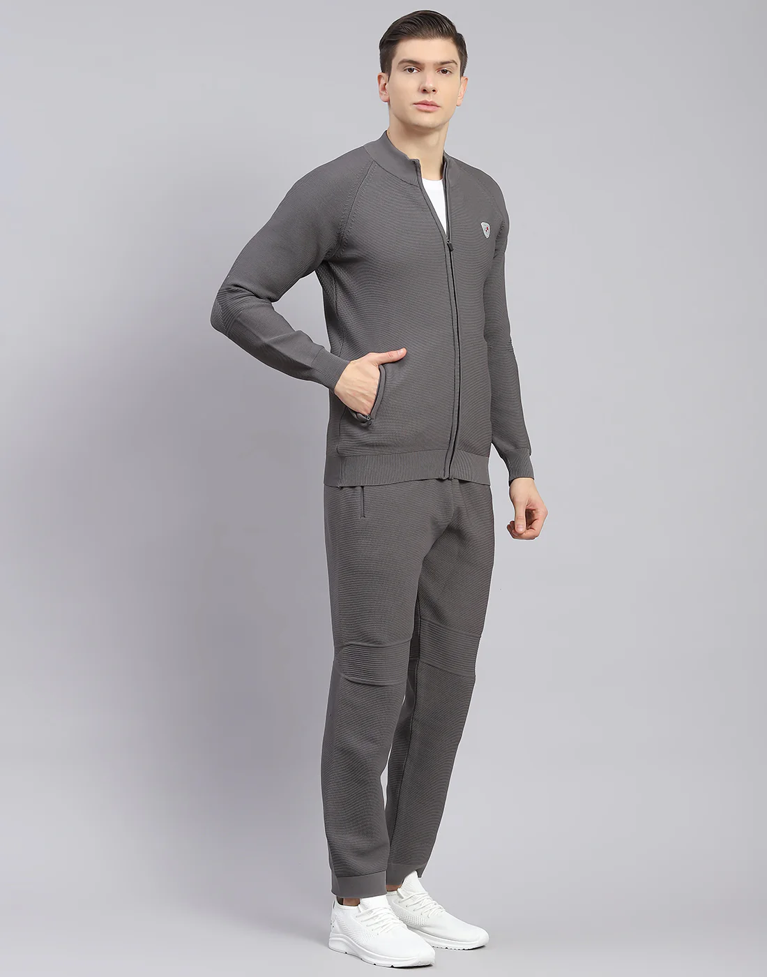 Men Grey Self Design Stand Collar Full Sleeve Tracksuit - Image 4