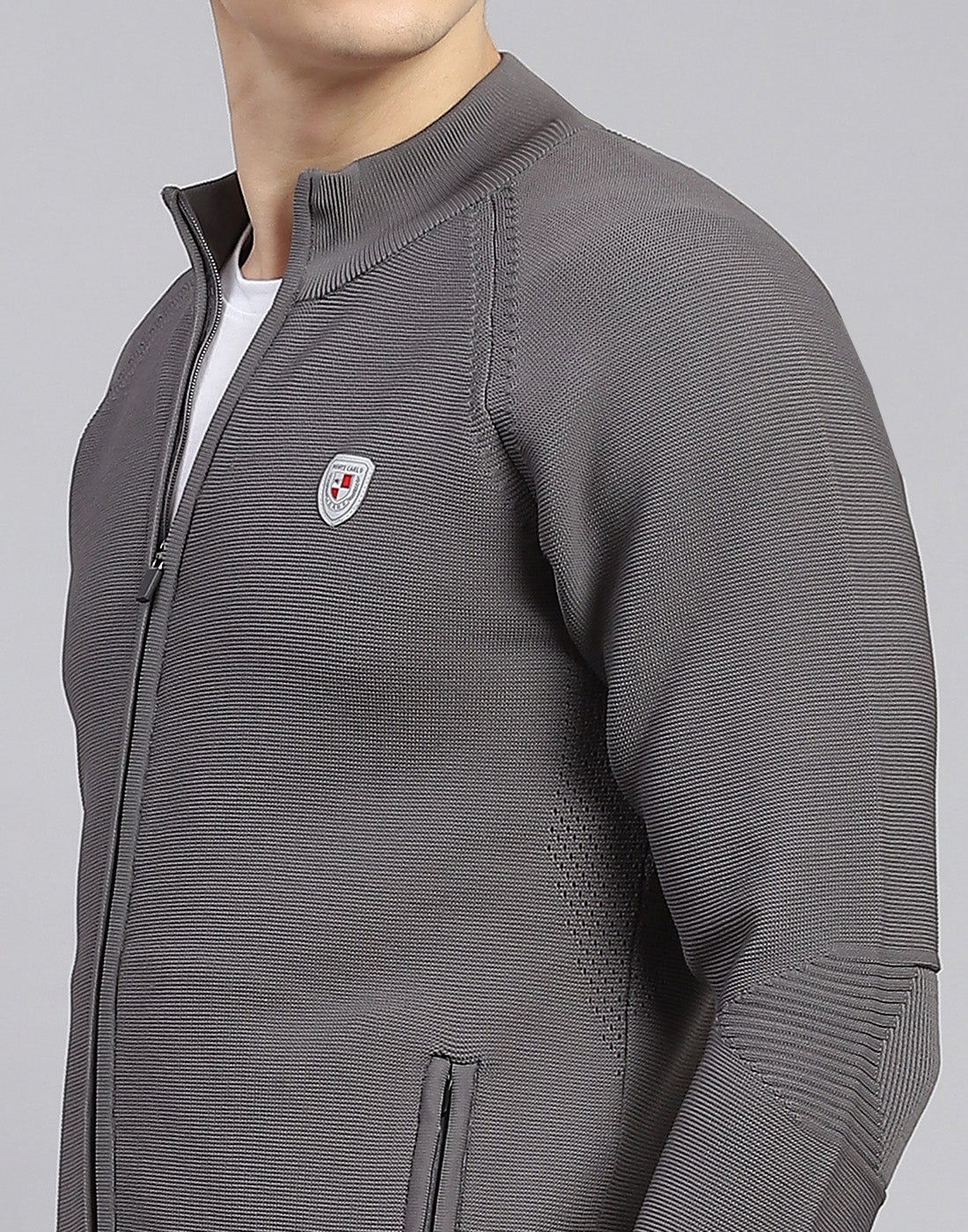 Men Grey Self Design Stand Collar Full Sleeve Tracksuit - Image 7