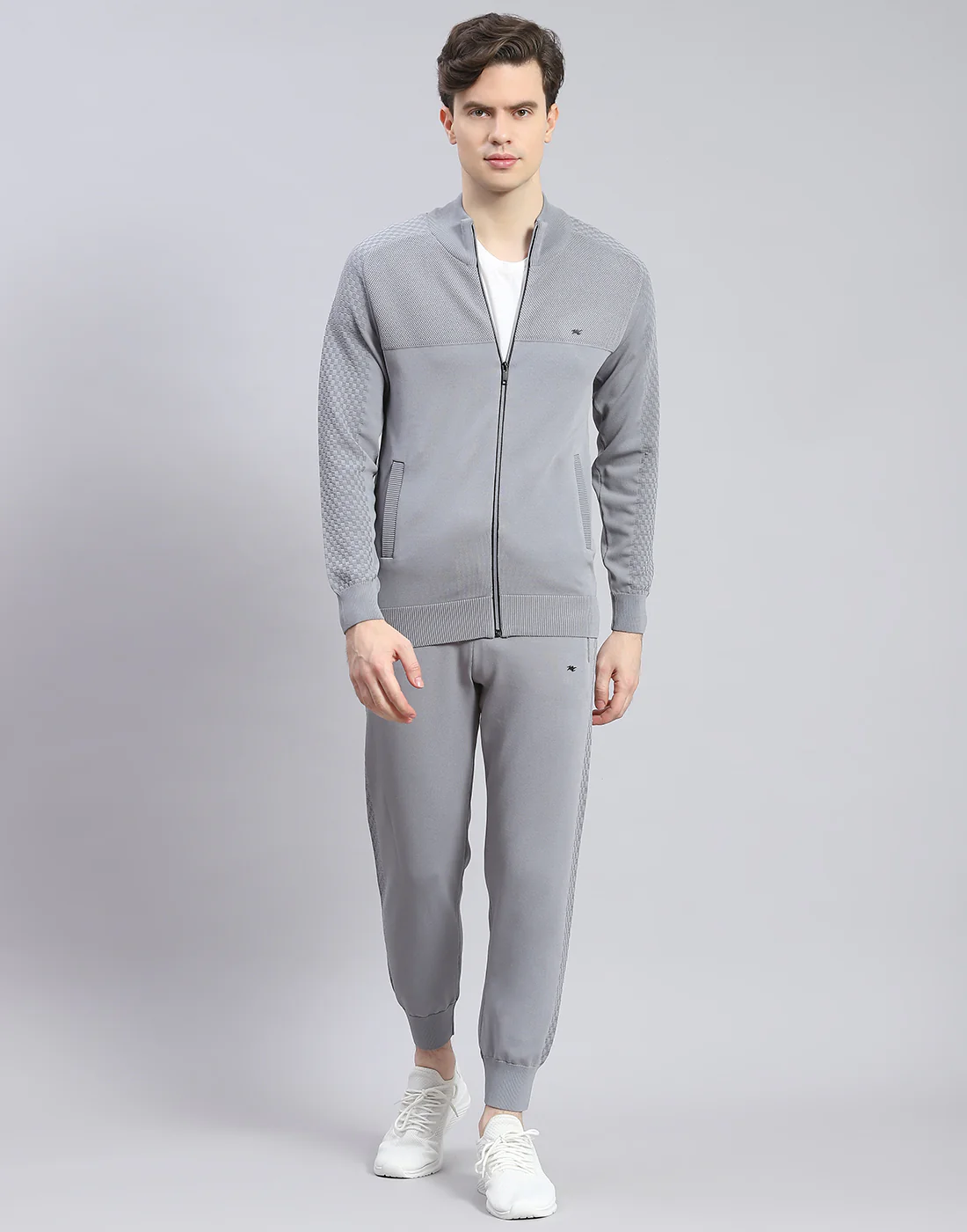Men Grey Self Design Stand Collar Full Sleeve Tracksuit - Image 2