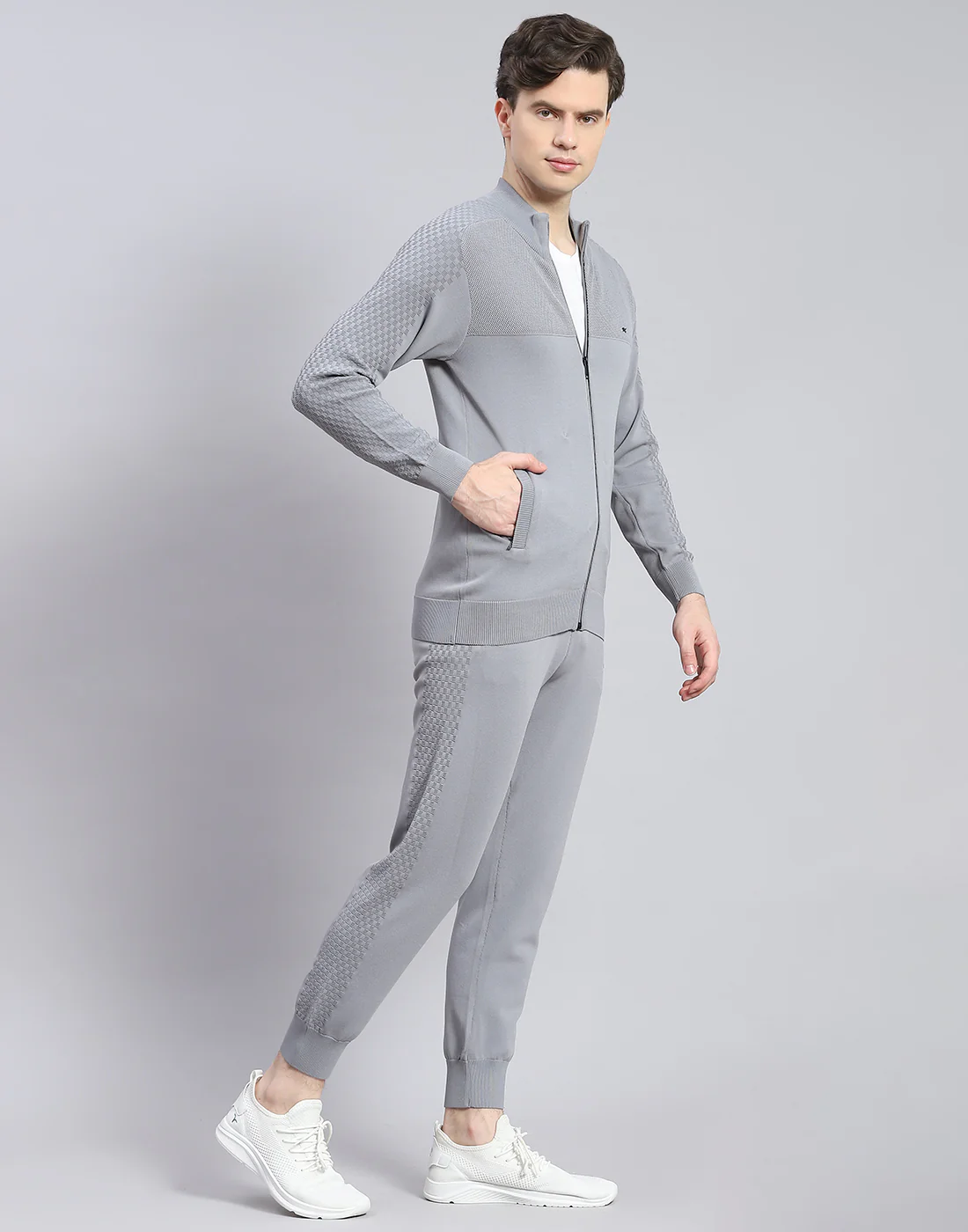 Men Grey Self Design Stand Collar Full Sleeve Tracksuit - Image 4