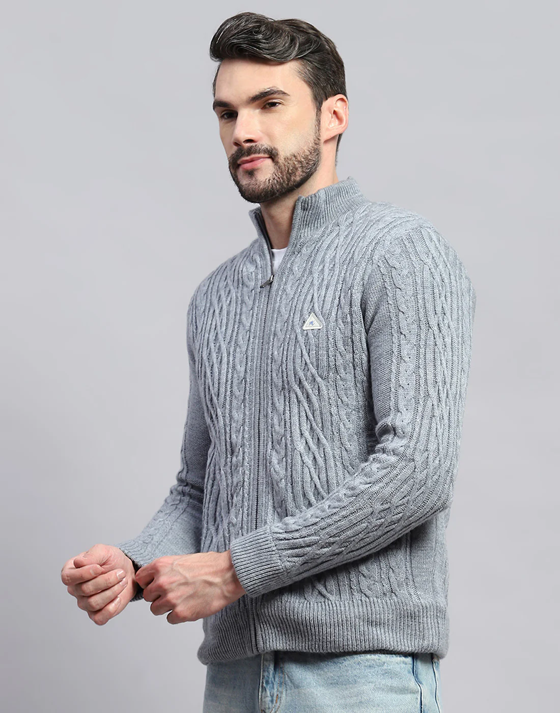 Men Grey Self Design Turtle Neck Full Sleeve Jacket - Image 3