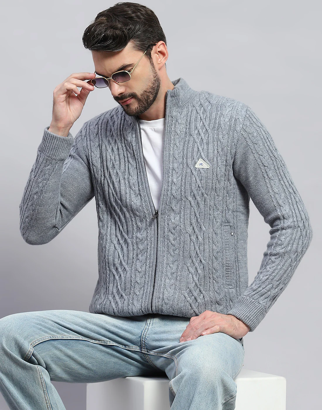 Men Grey Self Design Turtle Neck Full Sleeve Jacket - Image 6