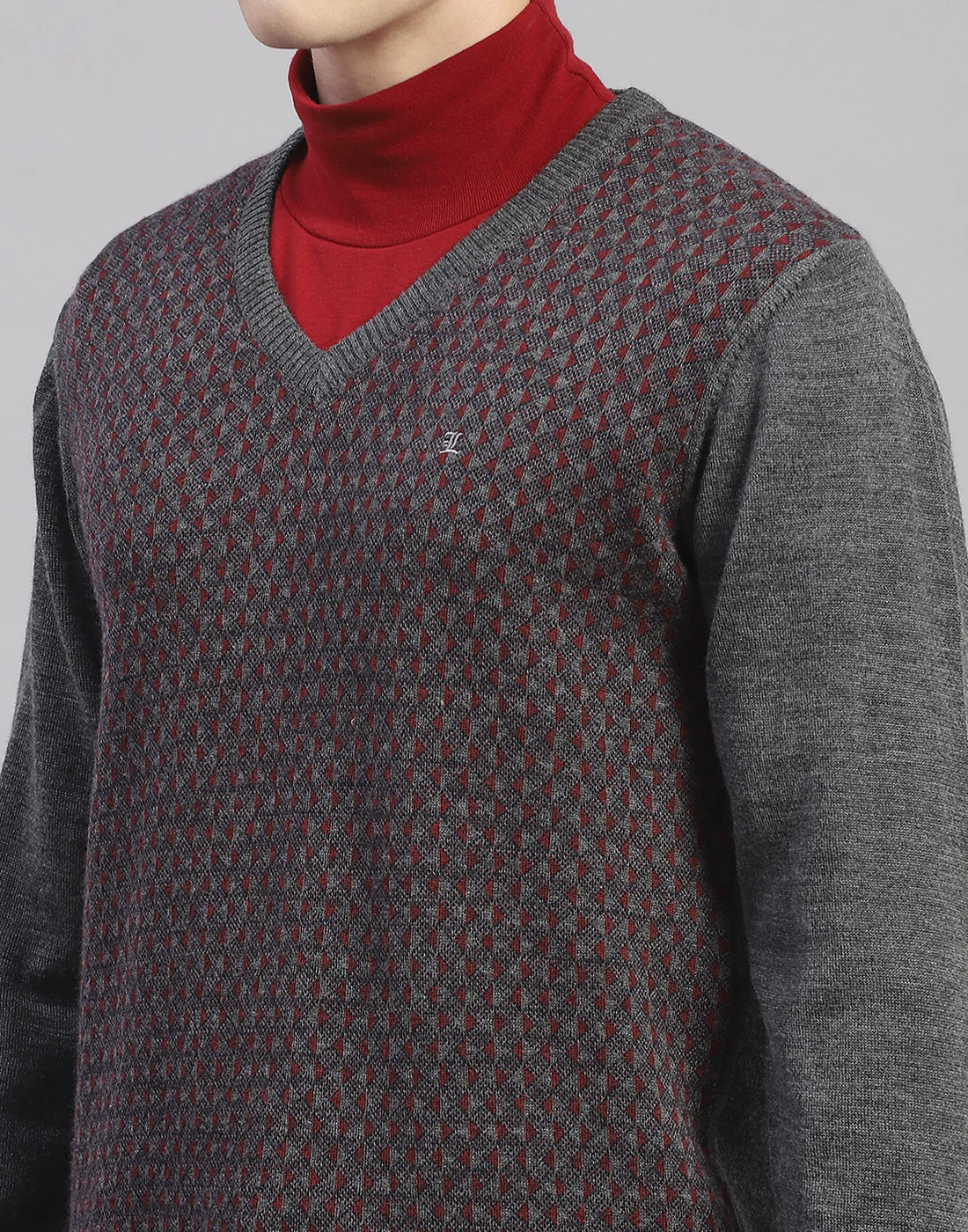 Men Grey Self Design V Neck Full Sleeve Pullover - Image 7