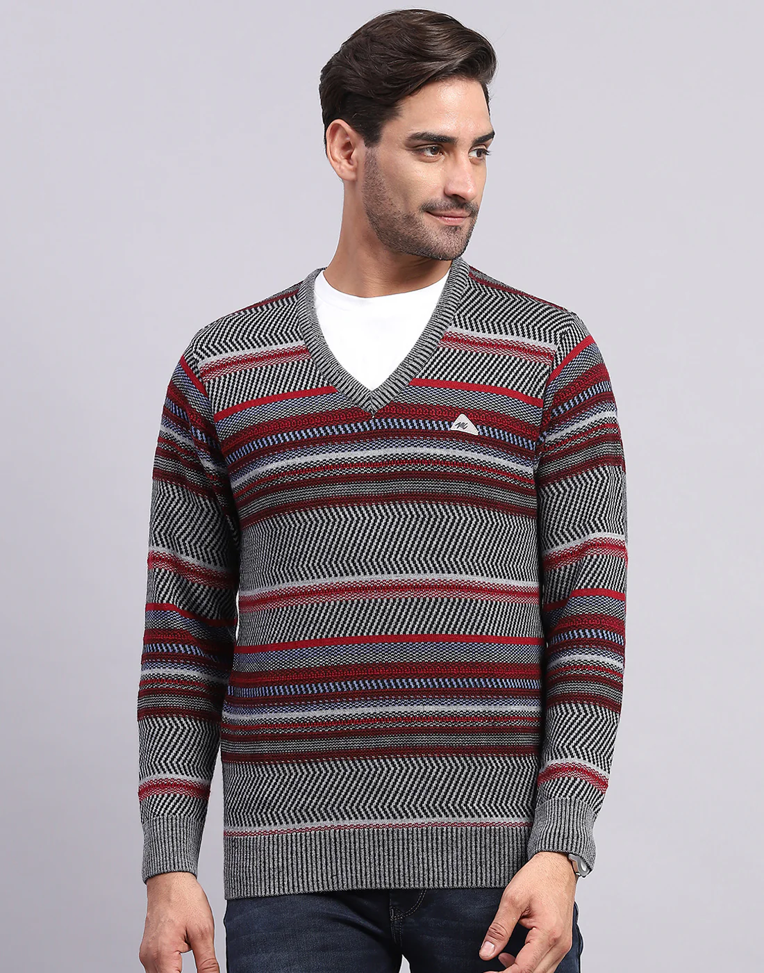 Men Grey Self Design V Neck Full Sleeve Pullover - Image 2