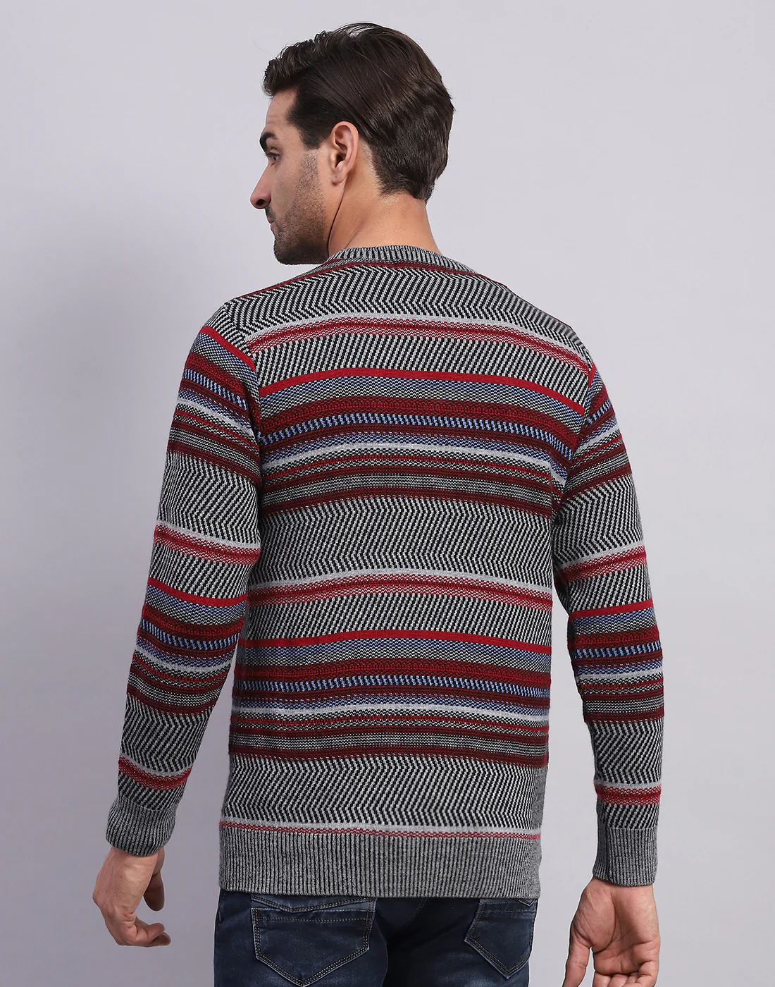 Men Grey Self Design V Neck Full Sleeve Pullover - Image 5
