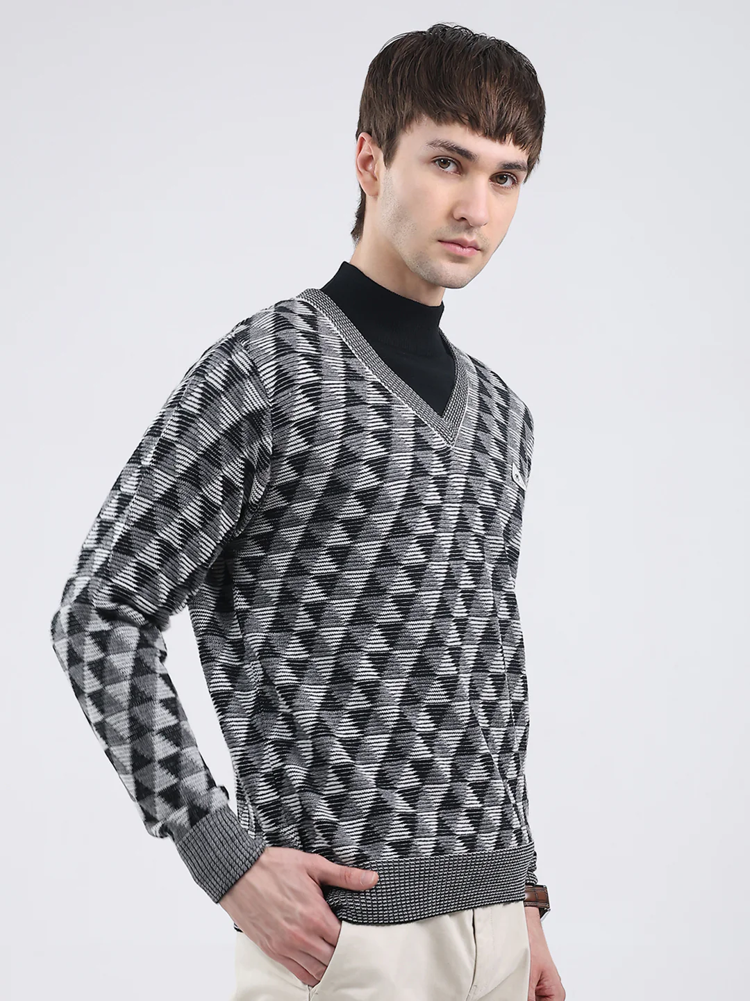 Men Grey Self Design V Neck Full Sleeve Pullover - Image 2