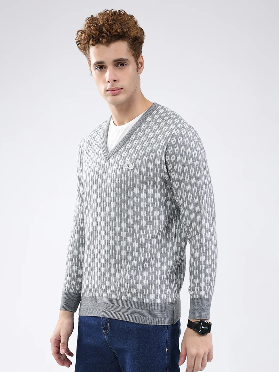 Men Grey Self Design V Neck Full Sleeve Pullover - Image 3