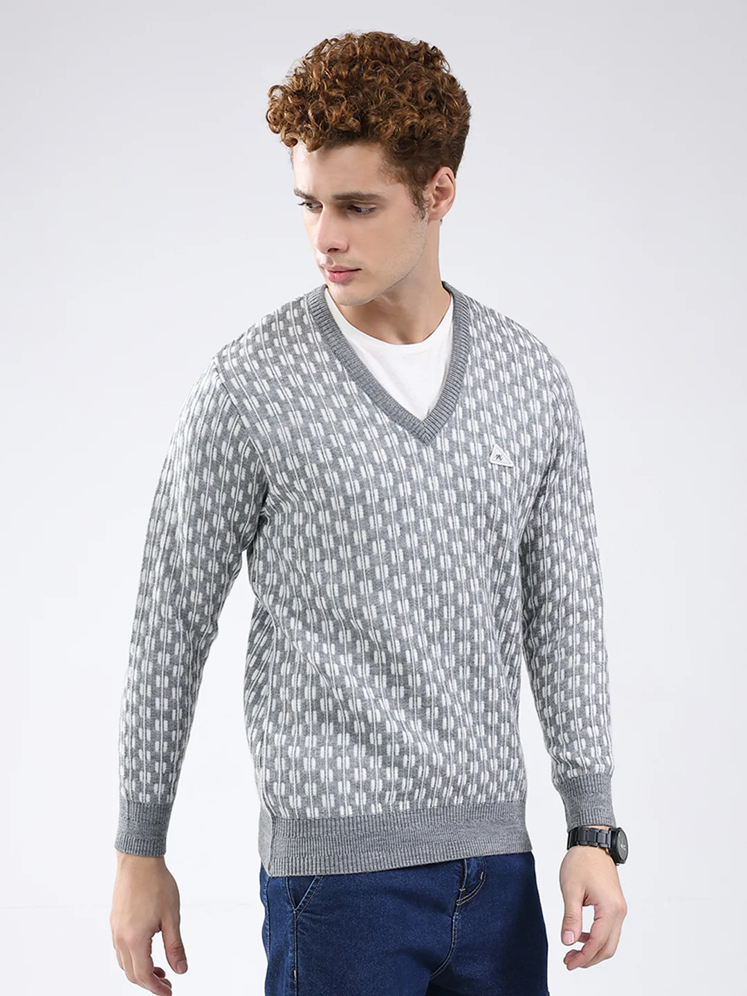 Men Grey Self Design V Neck Full Sleeve Pullover - Image 4