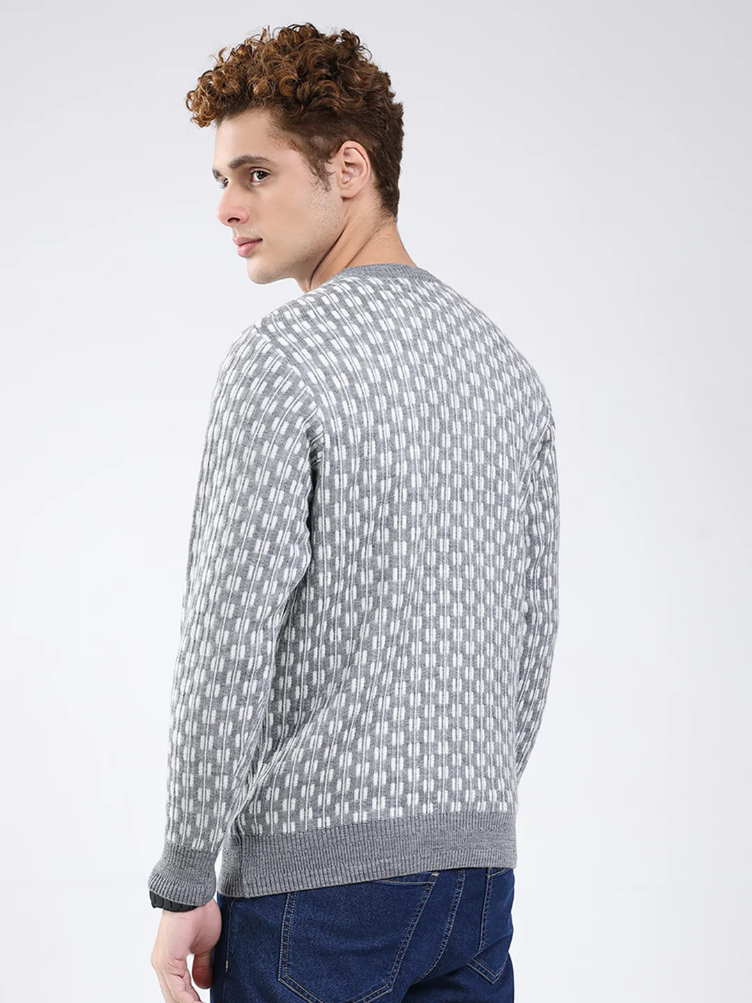 Men Grey Self Design V Neck Full Sleeve Pullover - Image 5