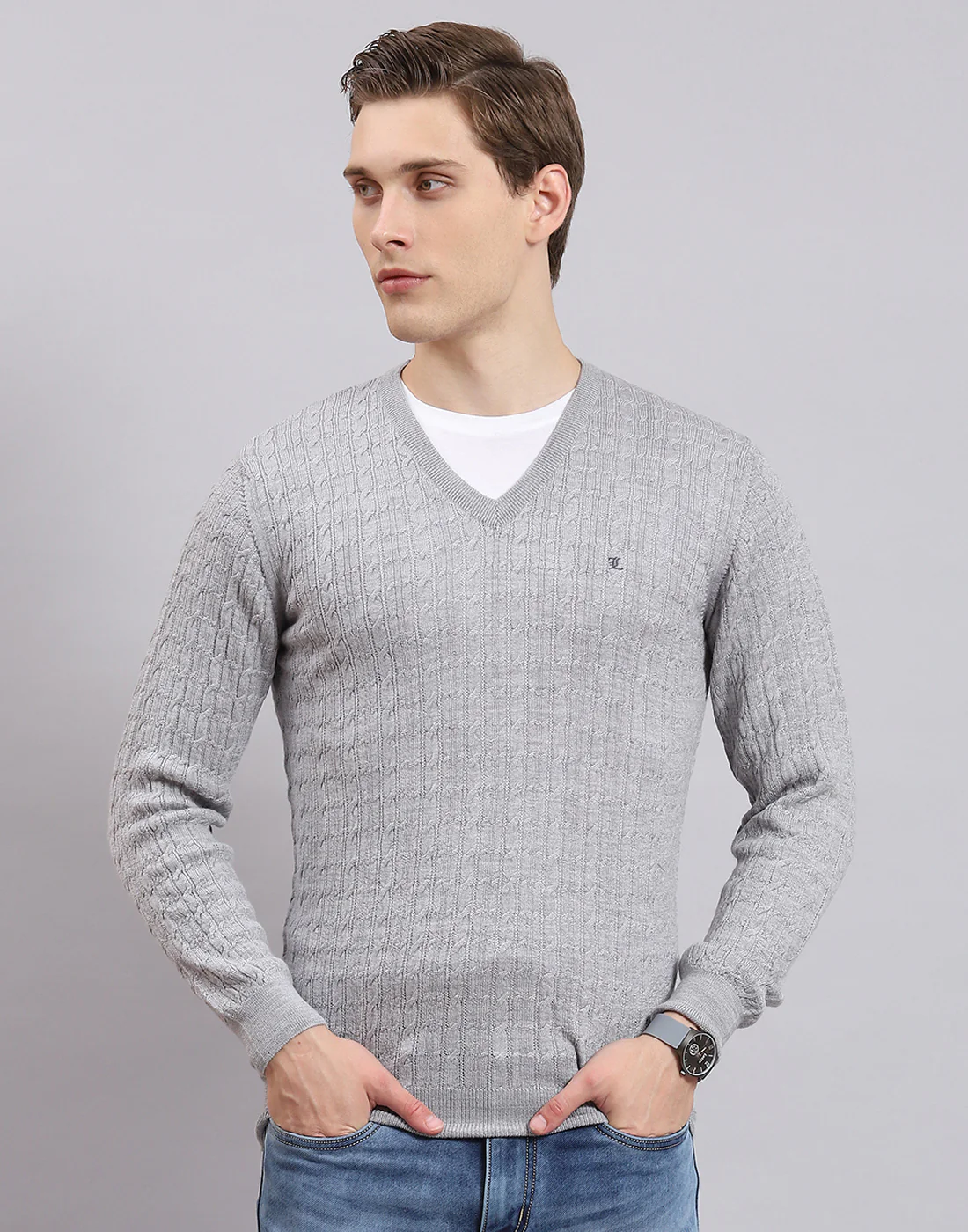 Men Grey Self Design V Neck Full Sleeve Sweater - Image 2
