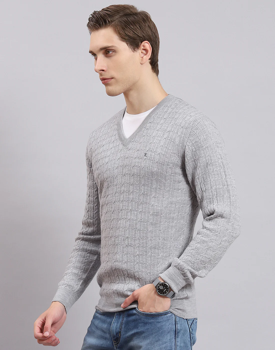Men Grey Self Design V Neck Full Sleeve Sweater - Image 3
