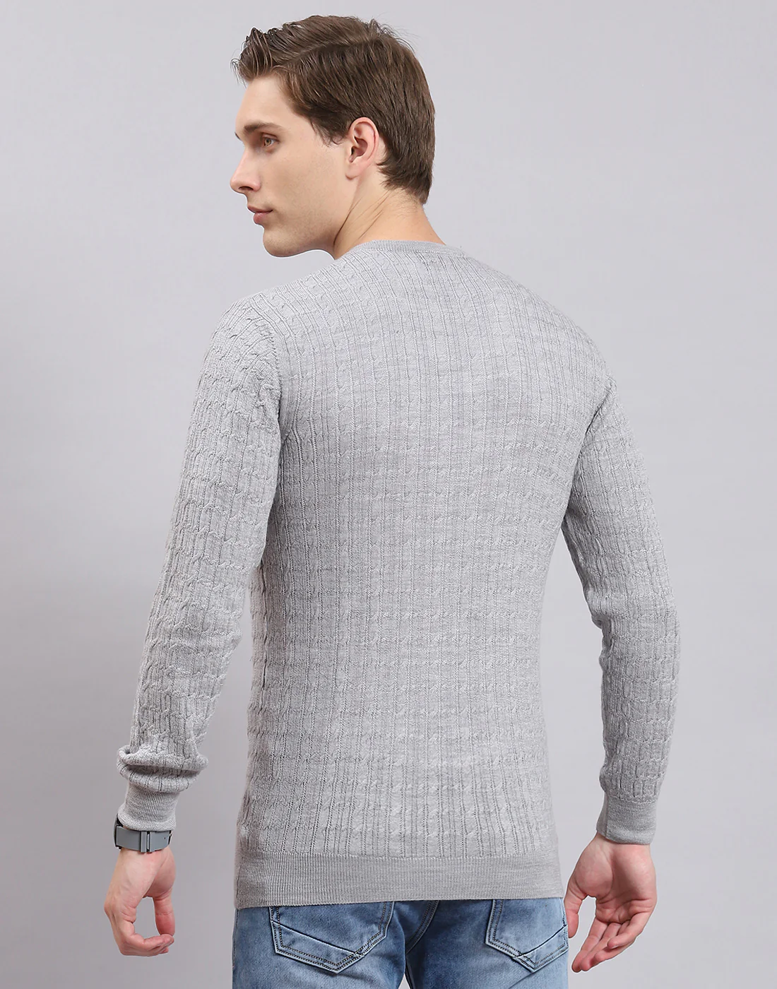 Men Grey Self Design V Neck Full Sleeve Sweater - Image 6