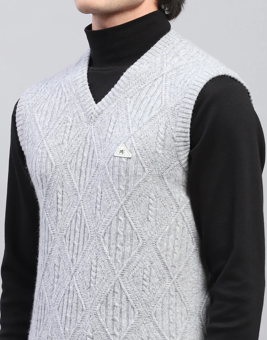 Men Grey Self Design V Neck Sleeveless Sweater - Image 6