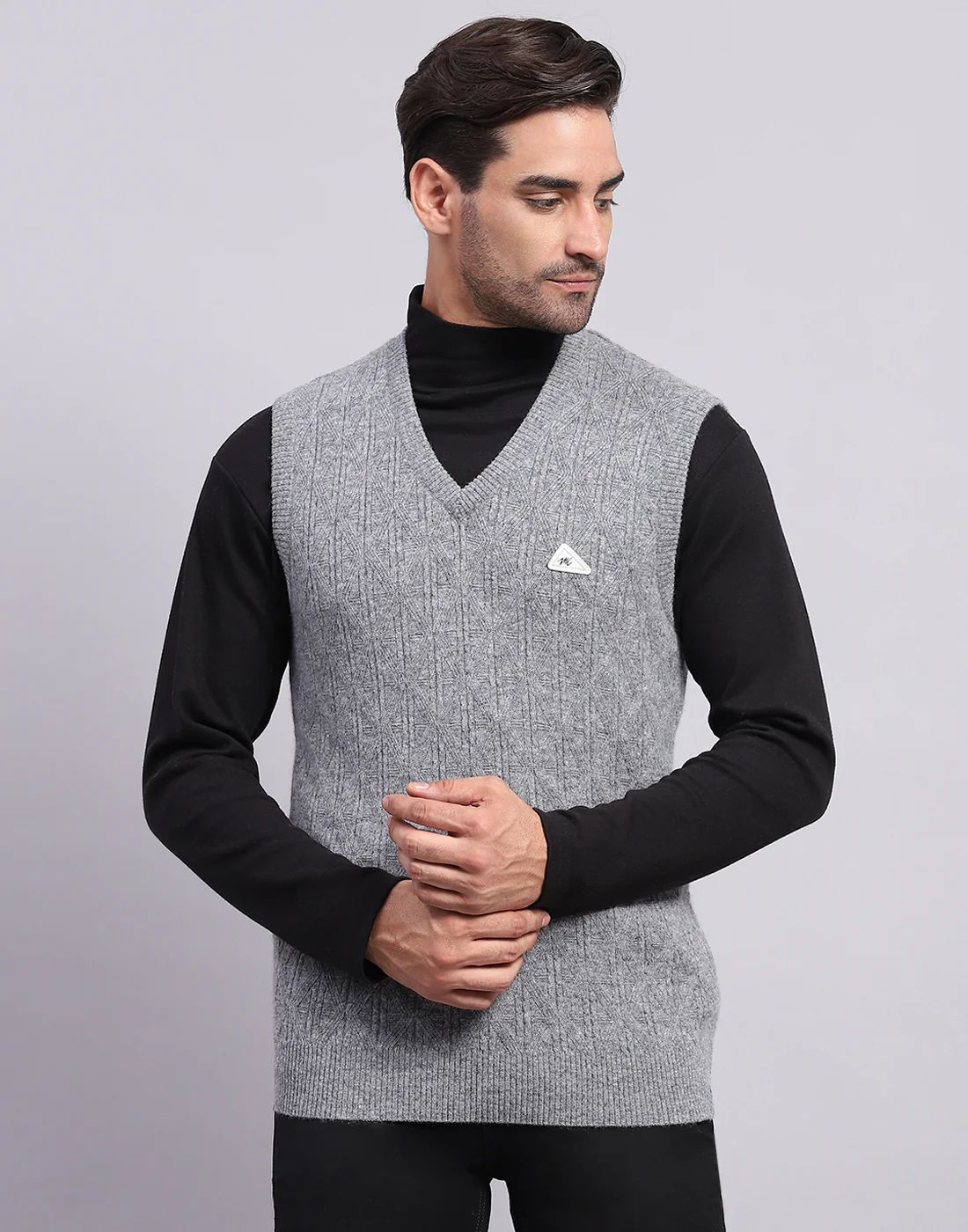 Men Grey Self Design V Neck Sleeveless Sweater - Image 2