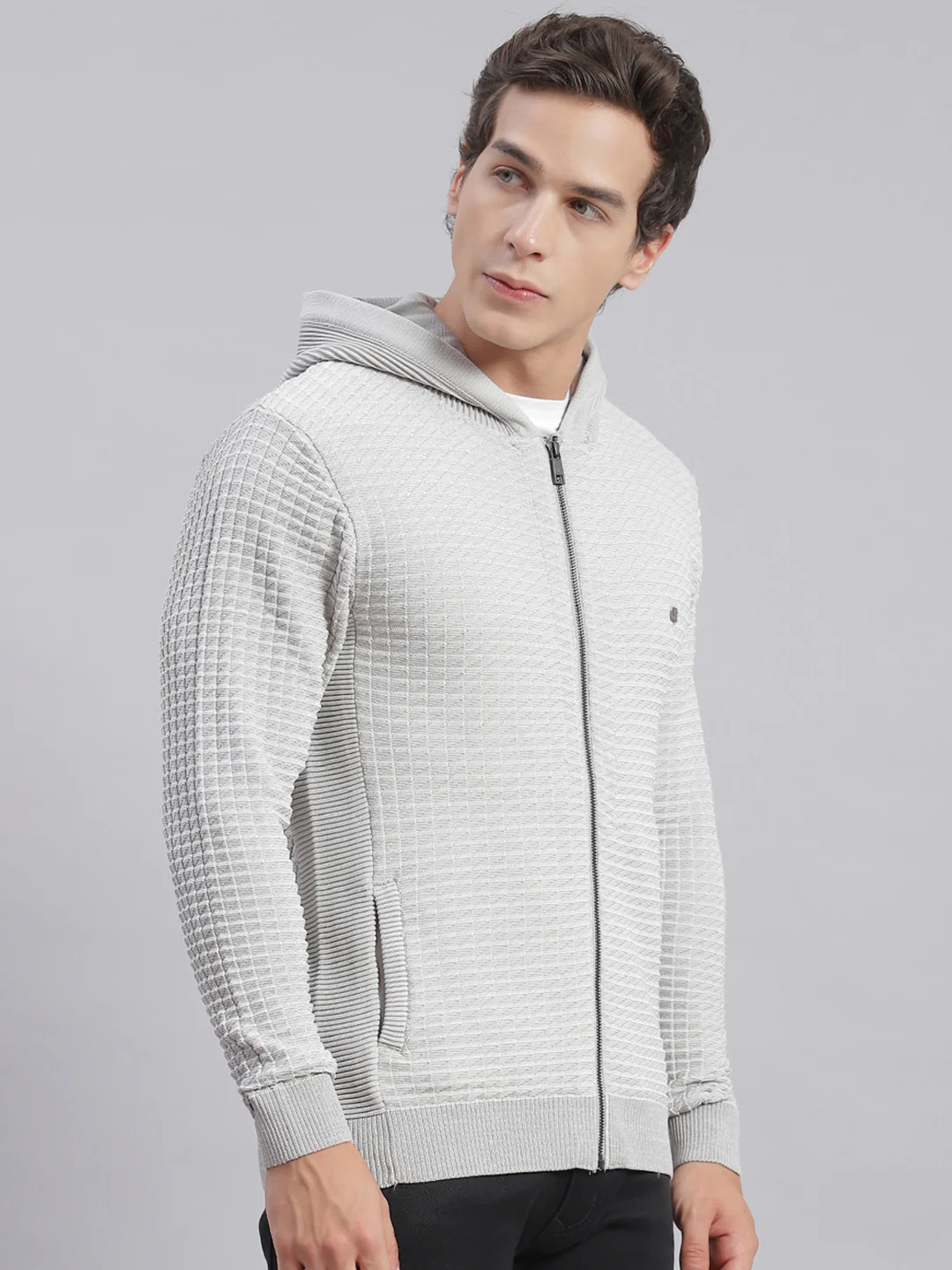 Men Grey Self Design Hooded Full Sleeve Sweaters/Pullovers - Image 3