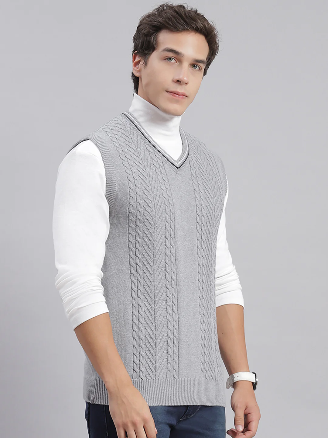 Men Grey Self Design V Neck Sleeveless Sweaters/Pullovers - Image 6