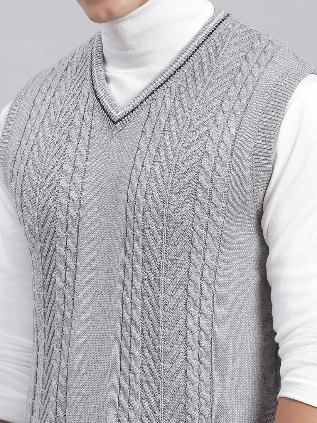 Men Grey Self Design V Neck Sleeveless Sweaters/Pullovers - Image 7